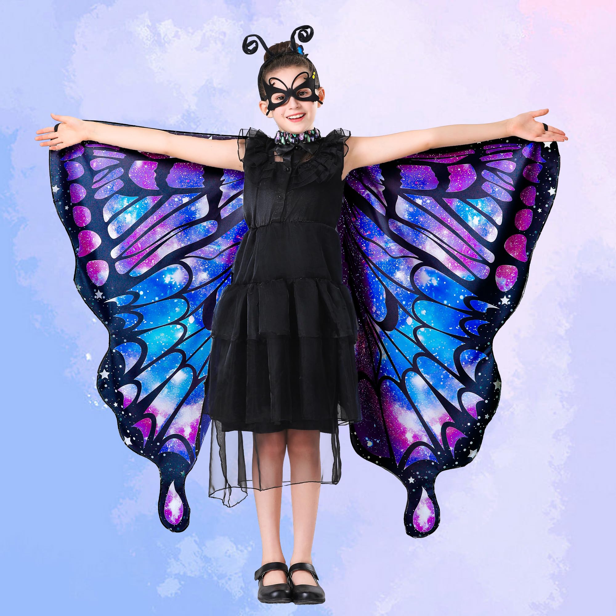 Tibeha Butterfly Wings Costume For Girls – Halloween Fairy Cape With Mask, Headband & Hair Clips - View #8