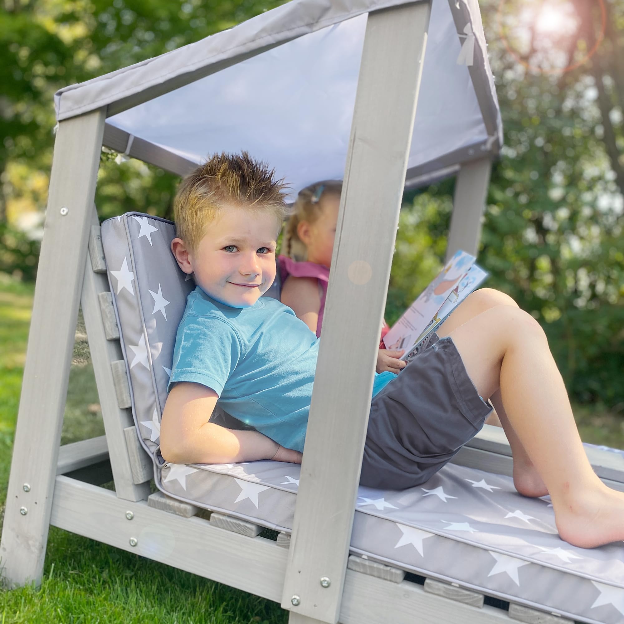 roba Double Chaise Longue pour Enfants avec Coussins Little Stars Déhoussables - Porte Gobelet et Pare-Soleil - Supporte Jusqu'à 100 kg - Bois Gris Résistant aux Intempéries