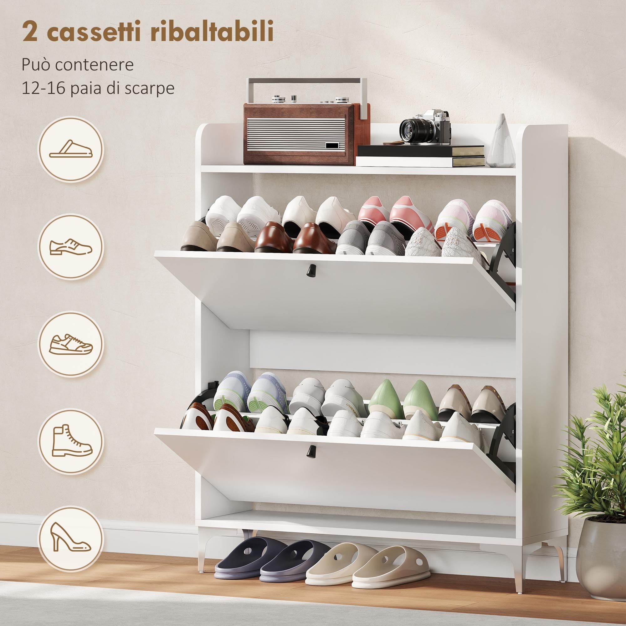HOMCOM Scarpiera Salvaspazio Slim con 2 Ante a Ribalta, Scarpiera Ingresso con Ripiani Regolabili, Piano Superiore e Base Rialzata, Porta Scarpe per 16 Paia in Legno con Maniglia, 80x24x101 cm, Bianco