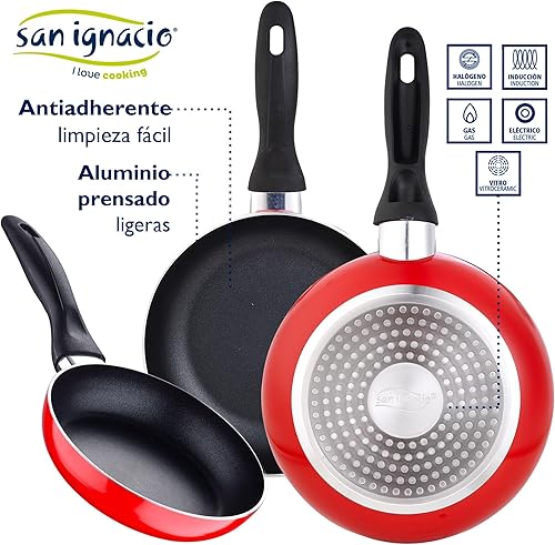 Miniatura 3 de San Ignacio Juego de 3 sartenes, faro de 7 piezas, Ø16Ø20Ø24 cm, rojo, aluminio prensado, antiadherente, inducción