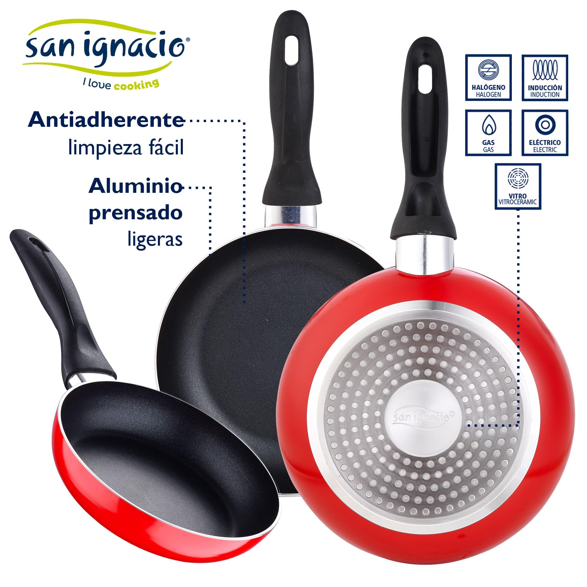 San Ignacio - PK2356, Batteria da cucina 5 pezzi, in acciaio inox e set di 3 padelle diametro 16, 20 e 24 cm, in alluminio pressofuso, adatte per induzione
