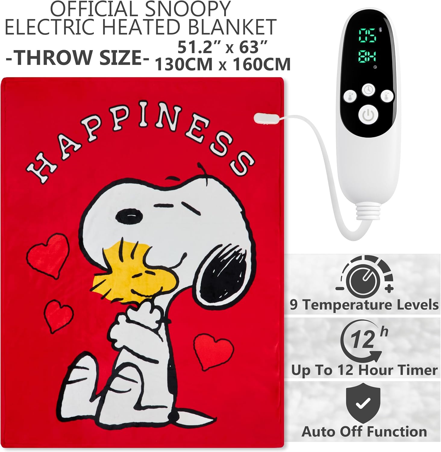 Get Trend Peanuts Snoopy Heated Blanket Electric, Luxurious Fleece Throw, 9 Heat Settings, Auto Shut-Off, 50x65in, Gifts for Mom, Grandma, Grandpa (Red Snoopy, Throw US)