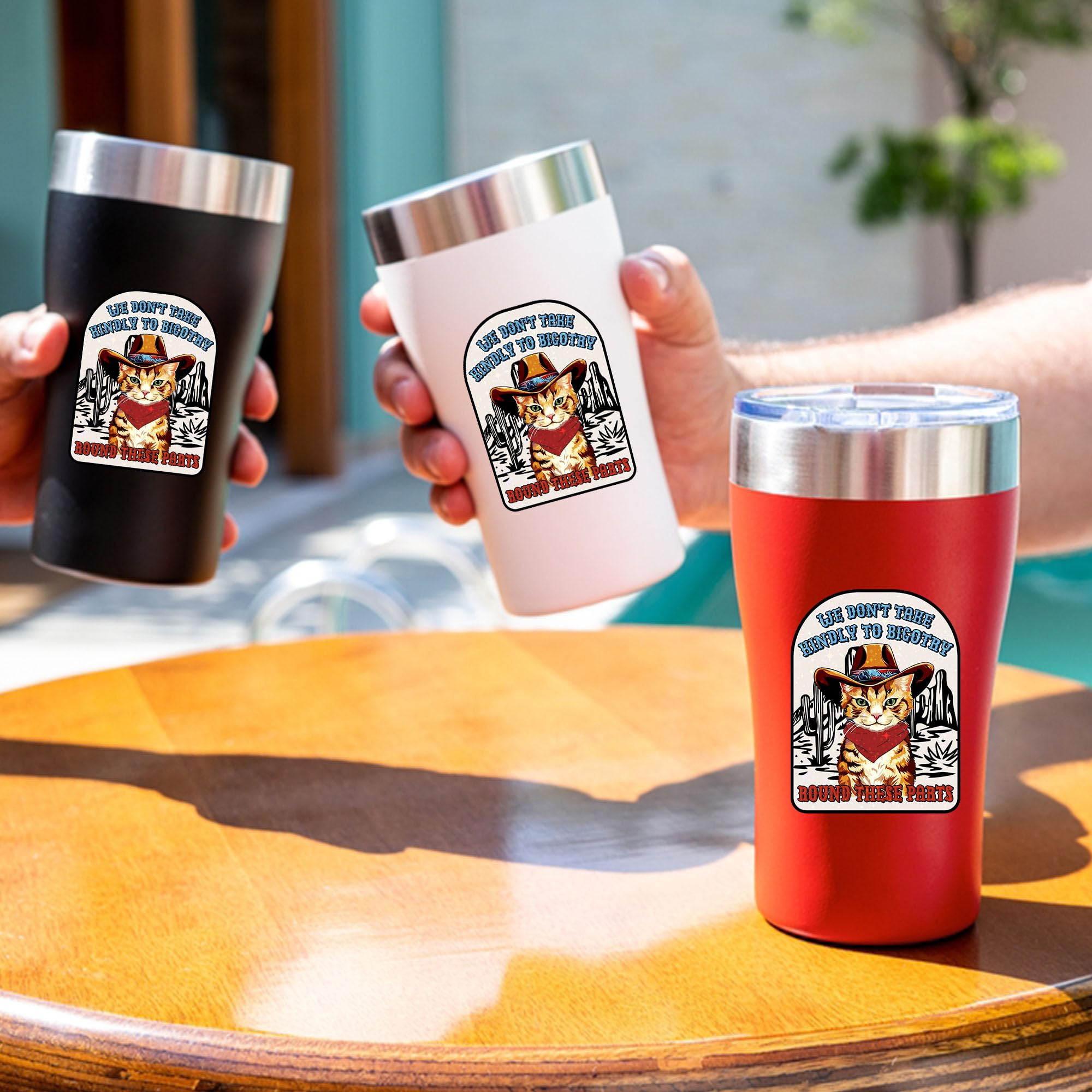 Funny Bigotry Cowboy Cat Stickers - Feminist We Don't Take Kindly To Bigotry Vinyl Decals