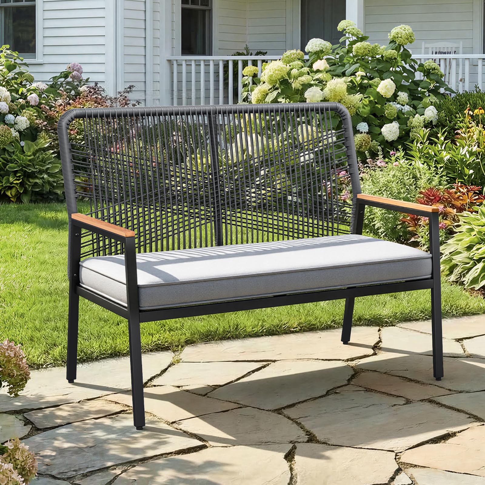 Clevich Wicker Garden Chair, Rattan Garden Bench, Balcony Chairs Metal and Rattan with 8 cm Thick Seat Cushion, Sturdy Metal Frame & WPC Arm Rest, for Patio, Garden and Porch, Grey