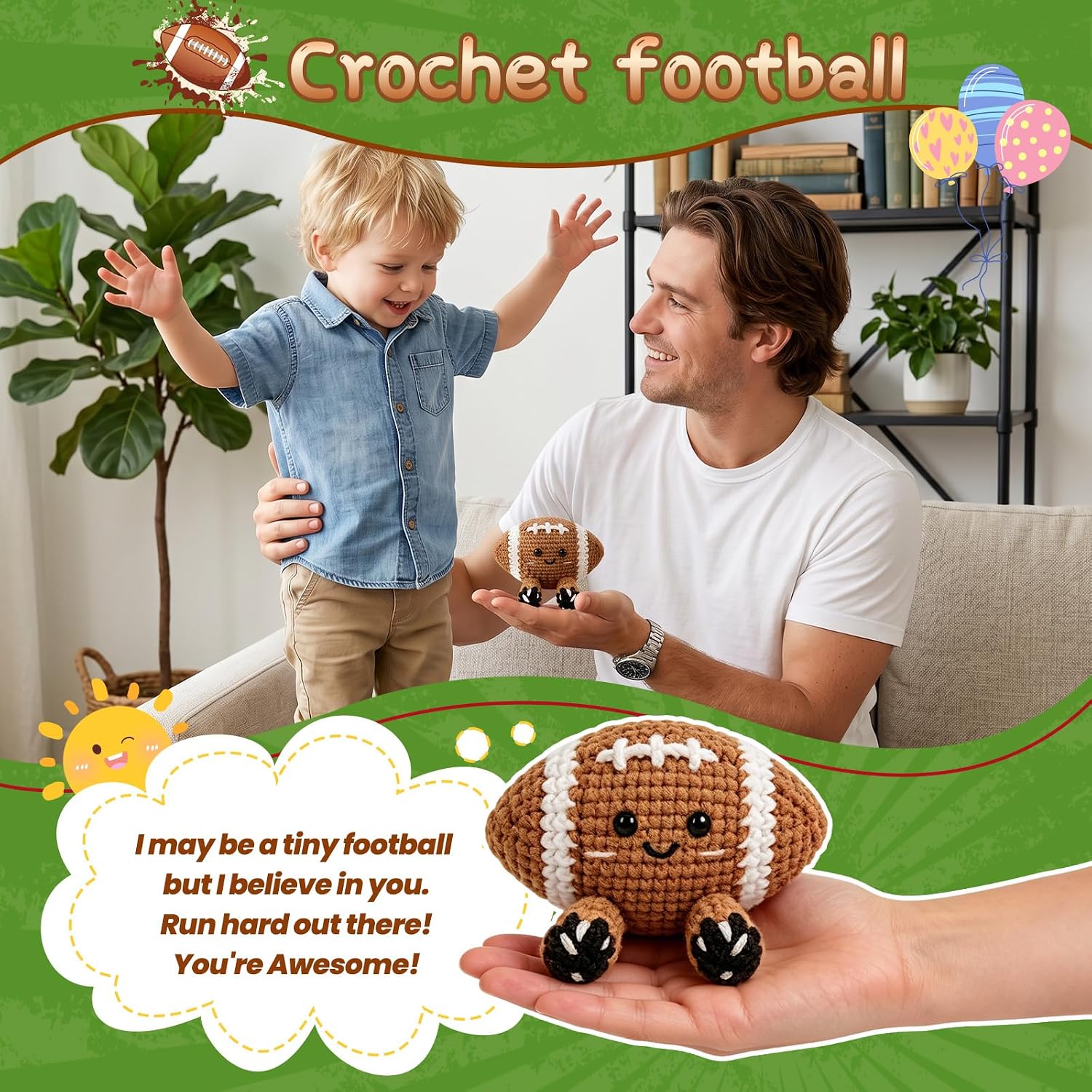 Positive Football Crochet Gifts for Men Dad, Inspirational Knitted Rugby with Encouragement Card&Card, Funny Sports Fan Office Desk Decor, Team Coach Bag Charm Accessory image 5