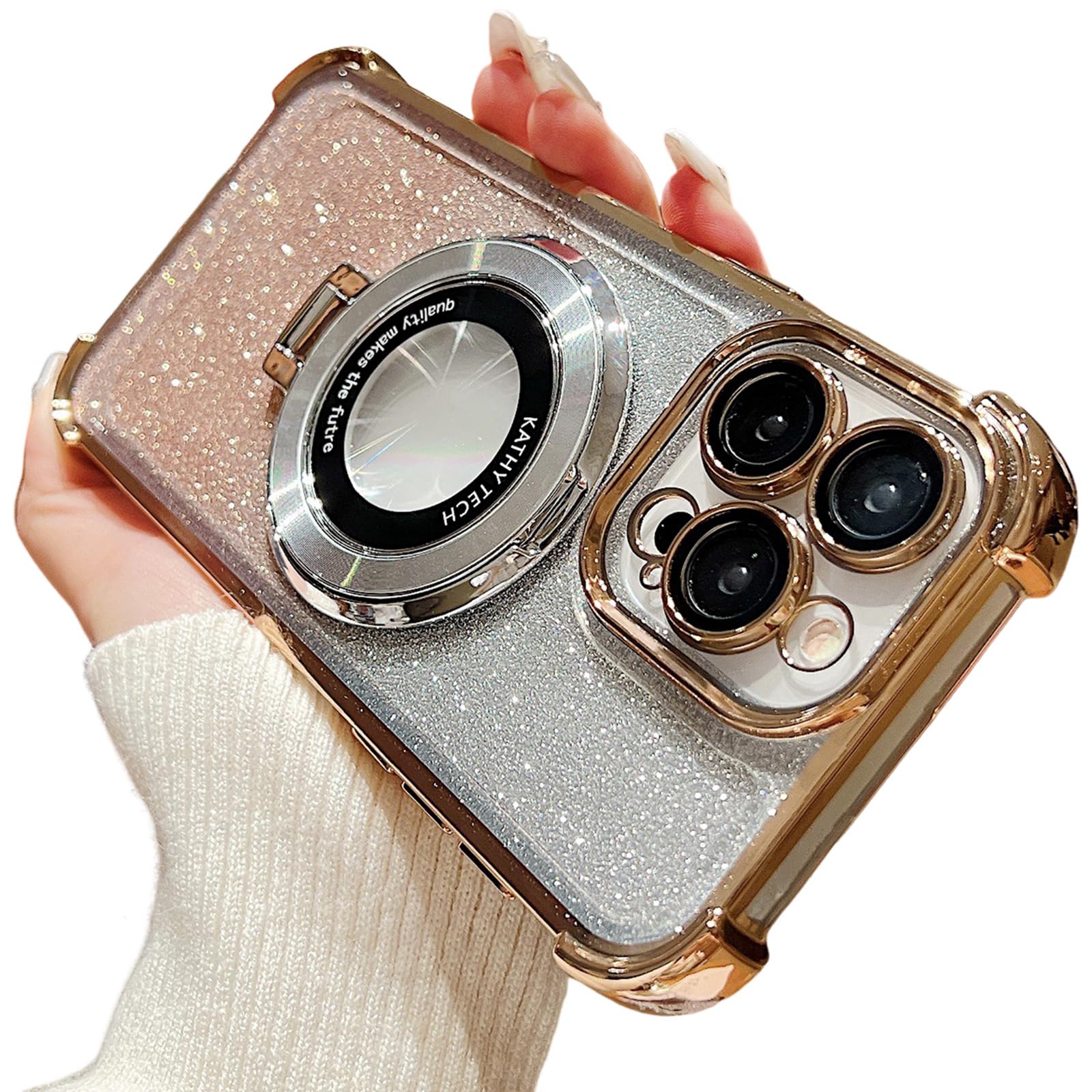 aowner for iPhone 16 Pro Glitter Case, Compatible with MagSafe, 120°Invisible Kickstand & Magnetic Ring Holder, Military Grade Shockproof Bumper