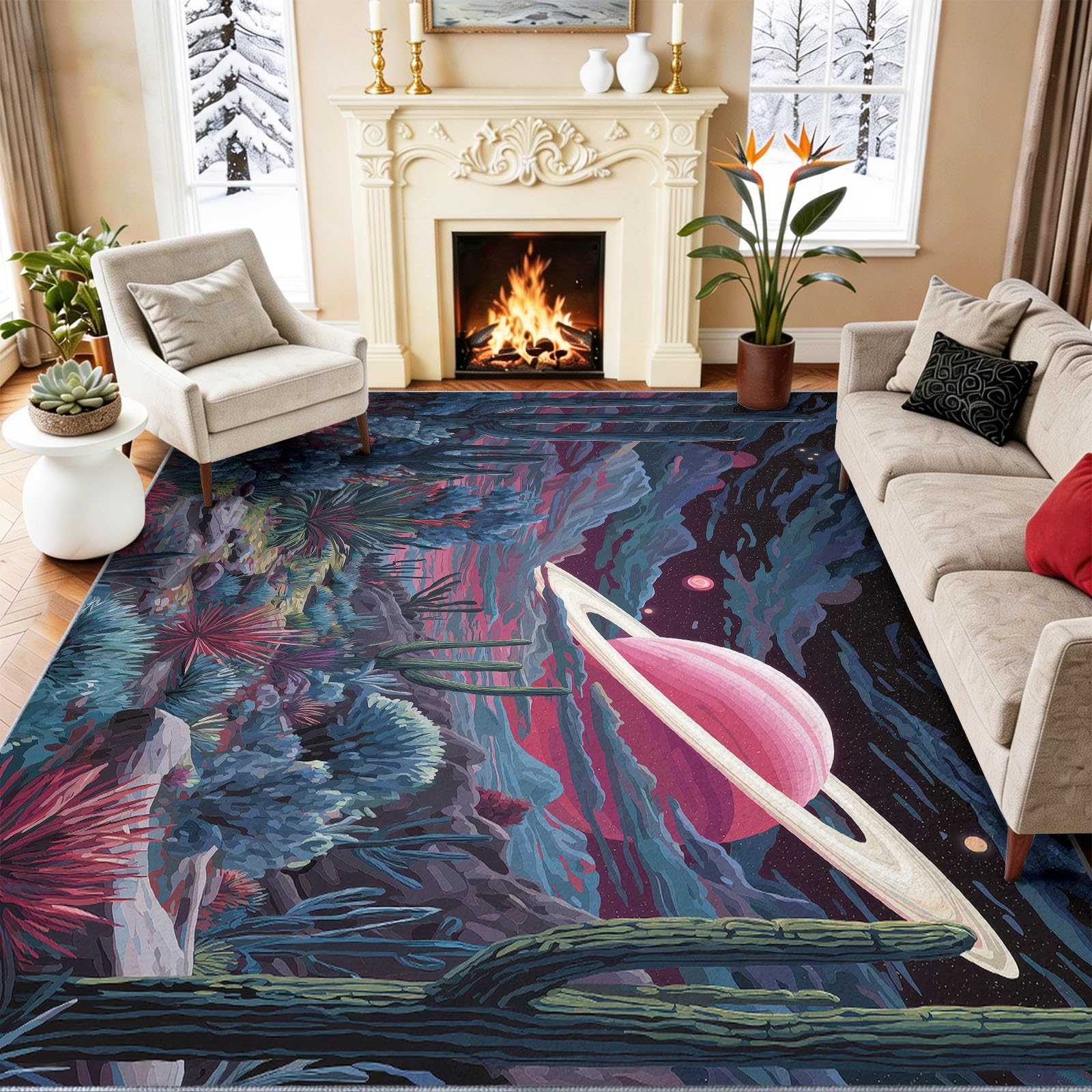 Moquette univers planètes déserts cactus 160 x 230 cm lavable salon