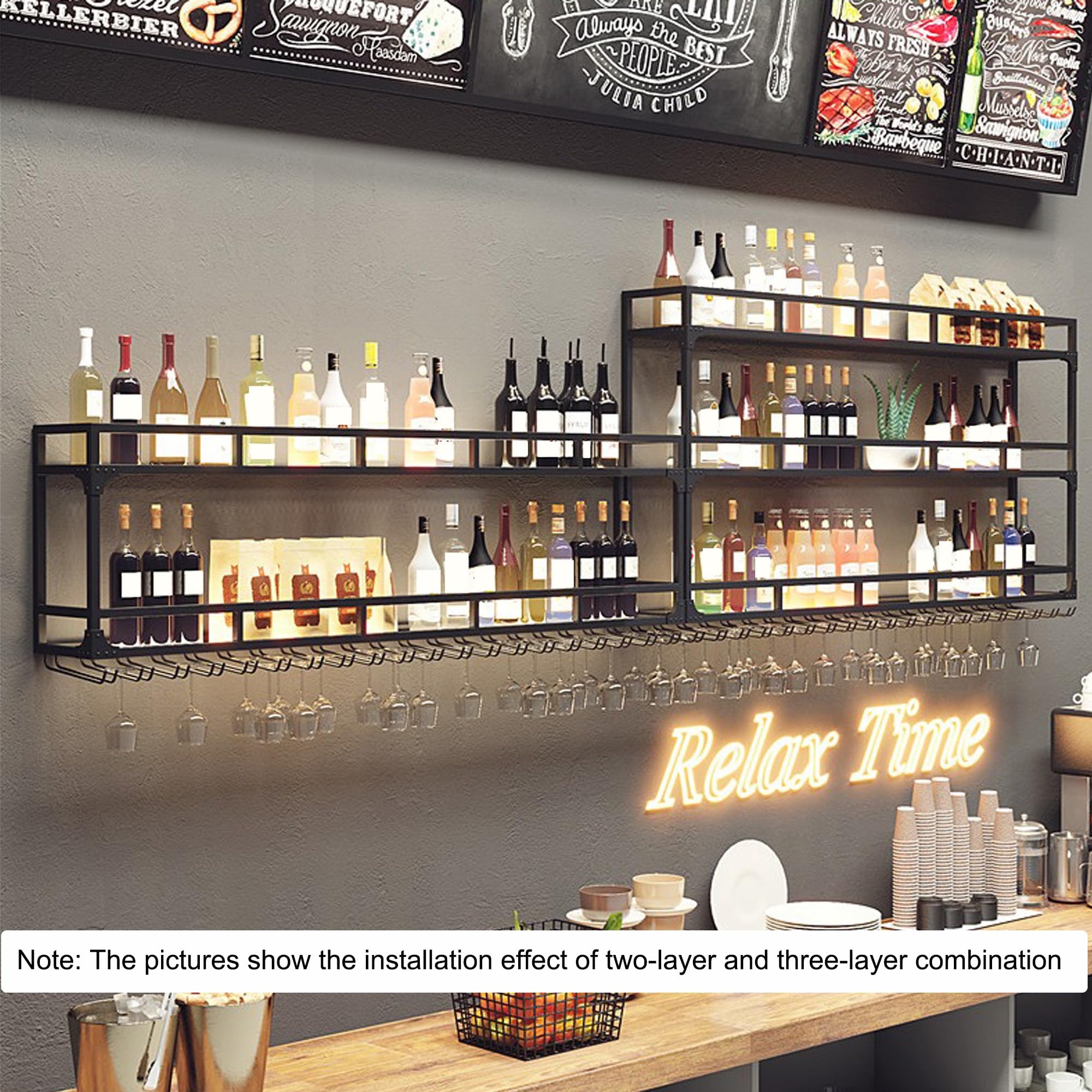 Moderne Weinregal Metall Regal Bar Wand mit Weinglashalter für Bar Restaurants Wohnzimmer Küche(Black-2layers,100cm(39.37in))