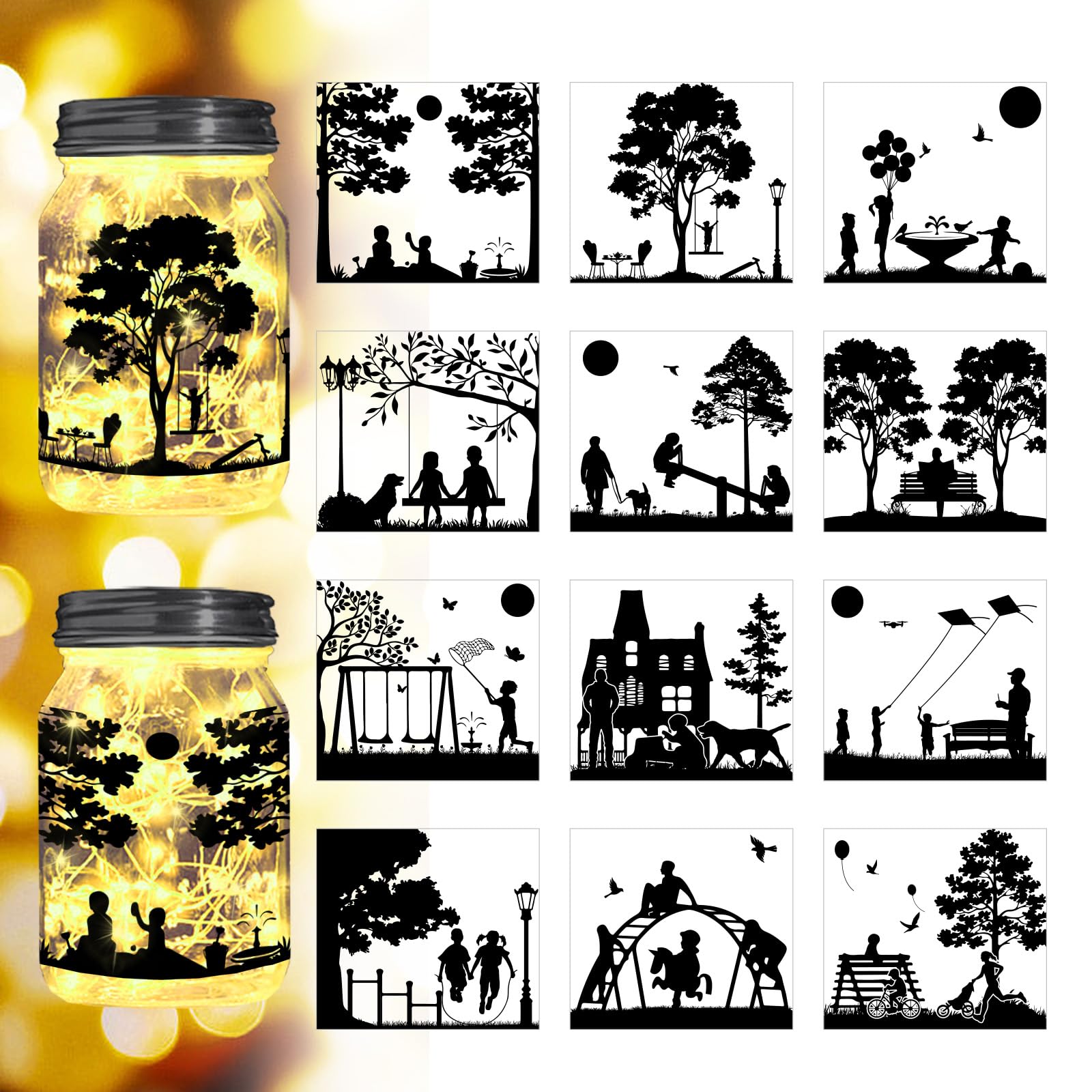 Peacoblue Park Scene Silhouette Mason Jar Decor, Lantern Cutouts 12PCS