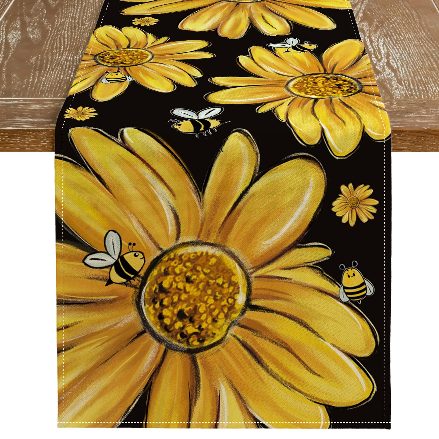 ARKENY Summer Table Runner 13x36 Inches,Sunflower Yellow Bee Seasonal Farmhouse Black Burlap Indoor Kitchen Anniversary Dining Table Decor for Home Party AT603-36