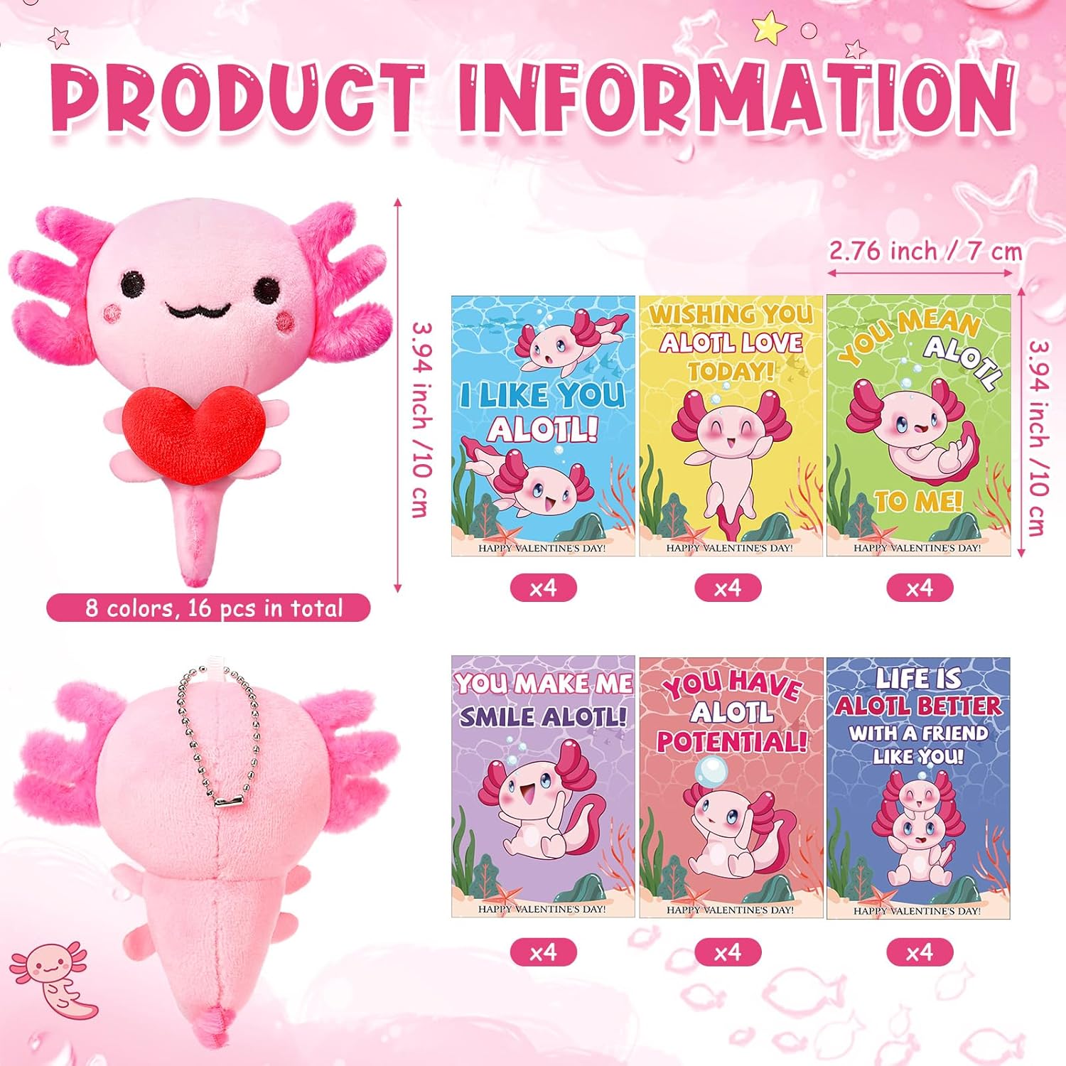 Product photo of hydren 16 pack axolotl valentine's gifts 4 inch axolotl plush toys keychains with valentines cards cute stuffed animal bulk for friends exchange classroom reward party favors