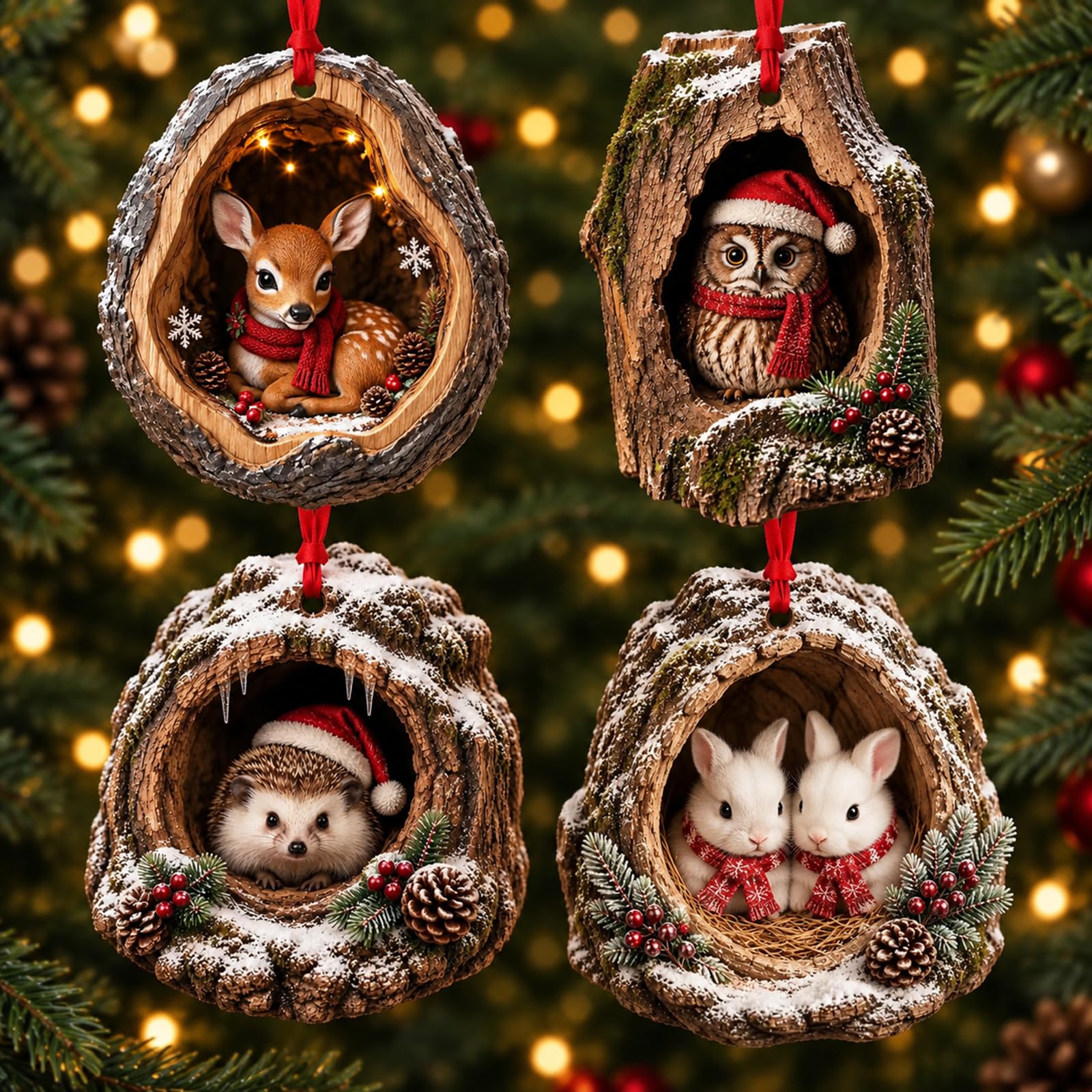 Waldtiere Weihnachtsschmuck 3D Anhänger Tiere Baumschmuck Weihnachten (4PC)
