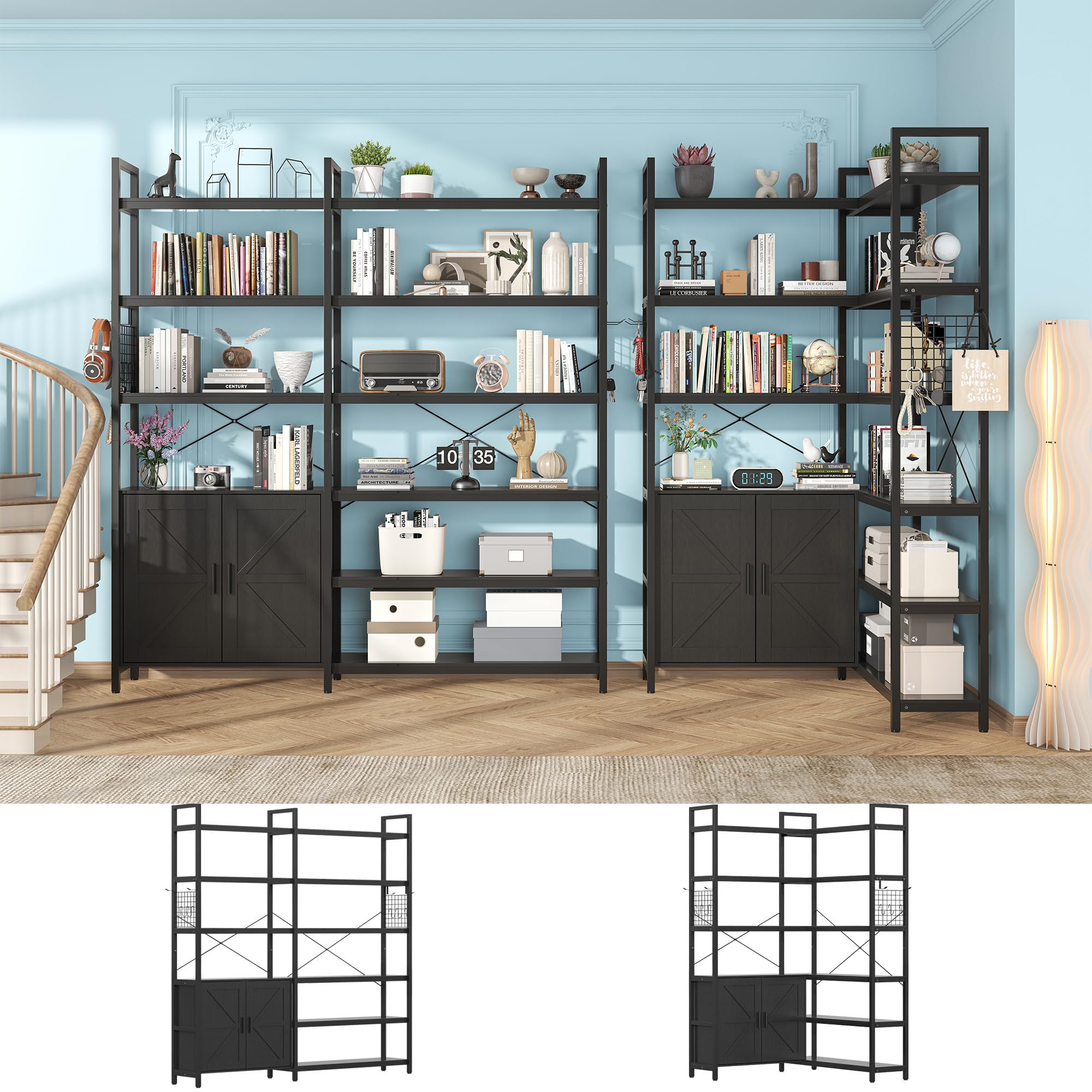Nosepen 6 Tire Large Black L Shaped Bookshelf & Corner Bookcase with Storage Cabinet and 2 Barn Doors and 10 Storage Shelves, 71.3" Tall Farmhouse