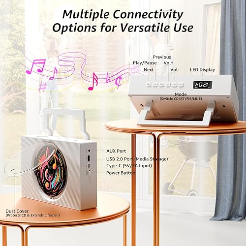 Miniatura 7 de Reproductor de CD portátil Boombox con Bluetooth - Reproductor de CD recargable con radio FM, USB, AUX, control remoto - Sistema de sonido estéreo