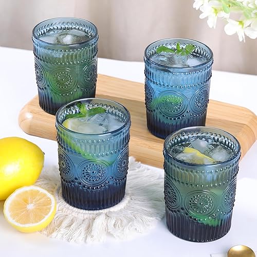 Miniatura 1 de Juego de vasos de vidrio vintage de 4 a 10.5 onzas, vasos azules para agua, vasos de cristalería en relieve para jugo, cerveza, cóctel, whisky,