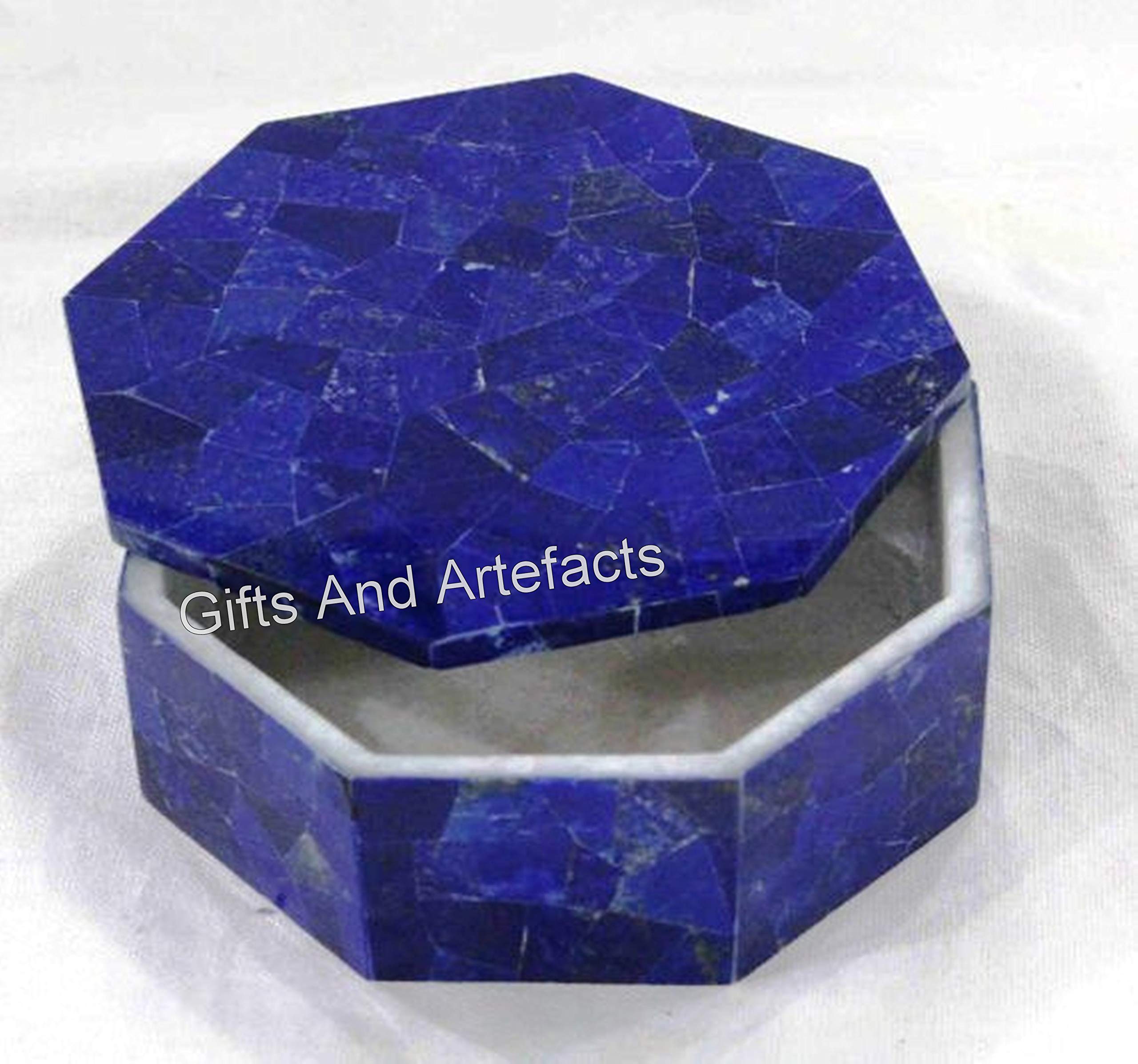 Lapis Lazuli Stone Jewelry Box with Random Work 8 x 8 Inches Octagon Shape Marble Collectible Box for Memorable Collection