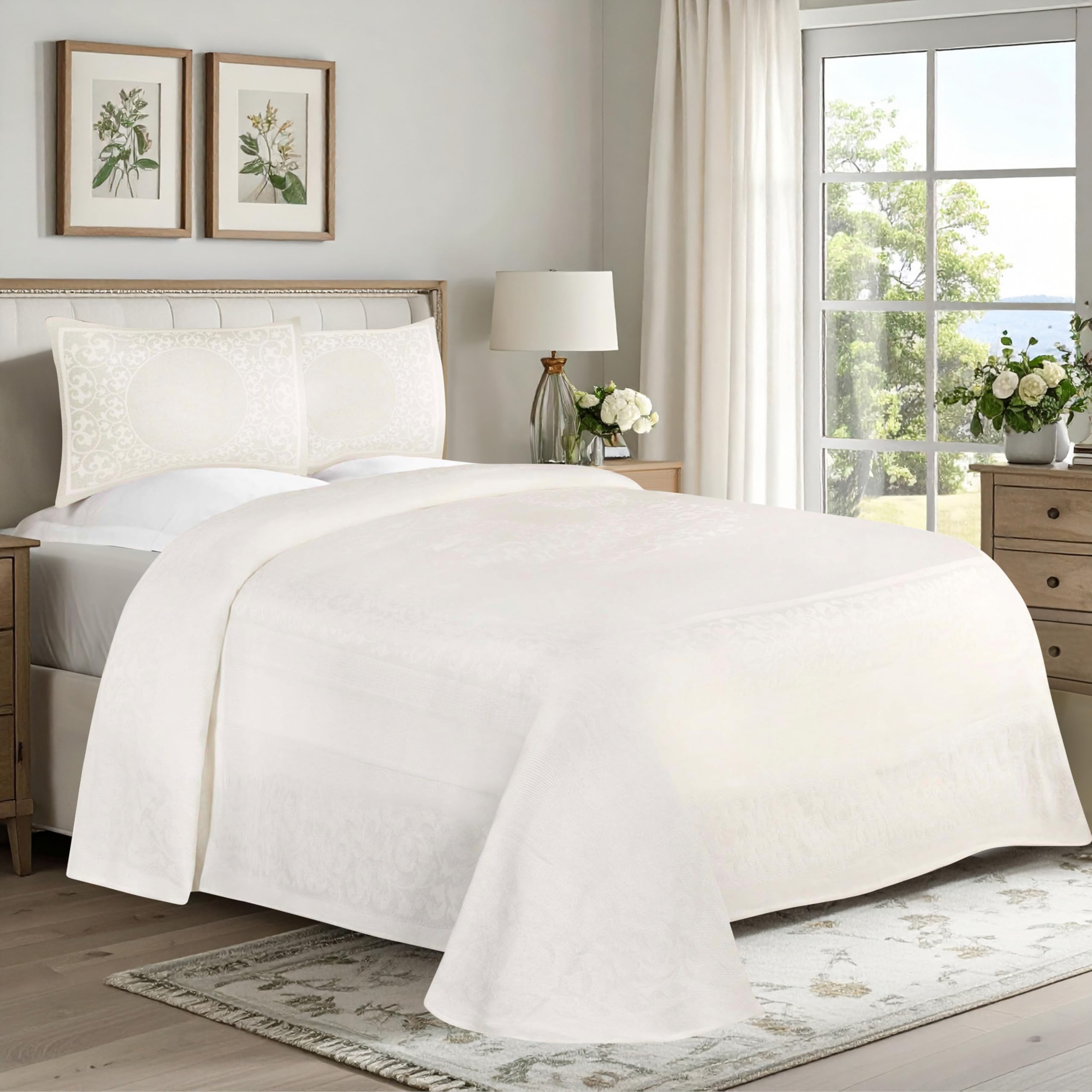 Superior Cotton Blend Bedspread Set, Includes Oversized Bedspread and 2 Matching Pillow Shams, Light Weight Blanket, Bedding Decor, Jacquard Vintage