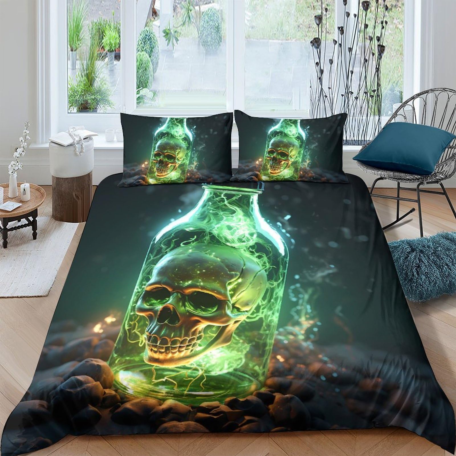 Ctjqhvkz Style-8 3D Printed Green Skull Fitted Sheet Microfiber Soft Breathable Smoke Art Mattress Cover For Bedroom Dorm Decor Single（135X200cm）