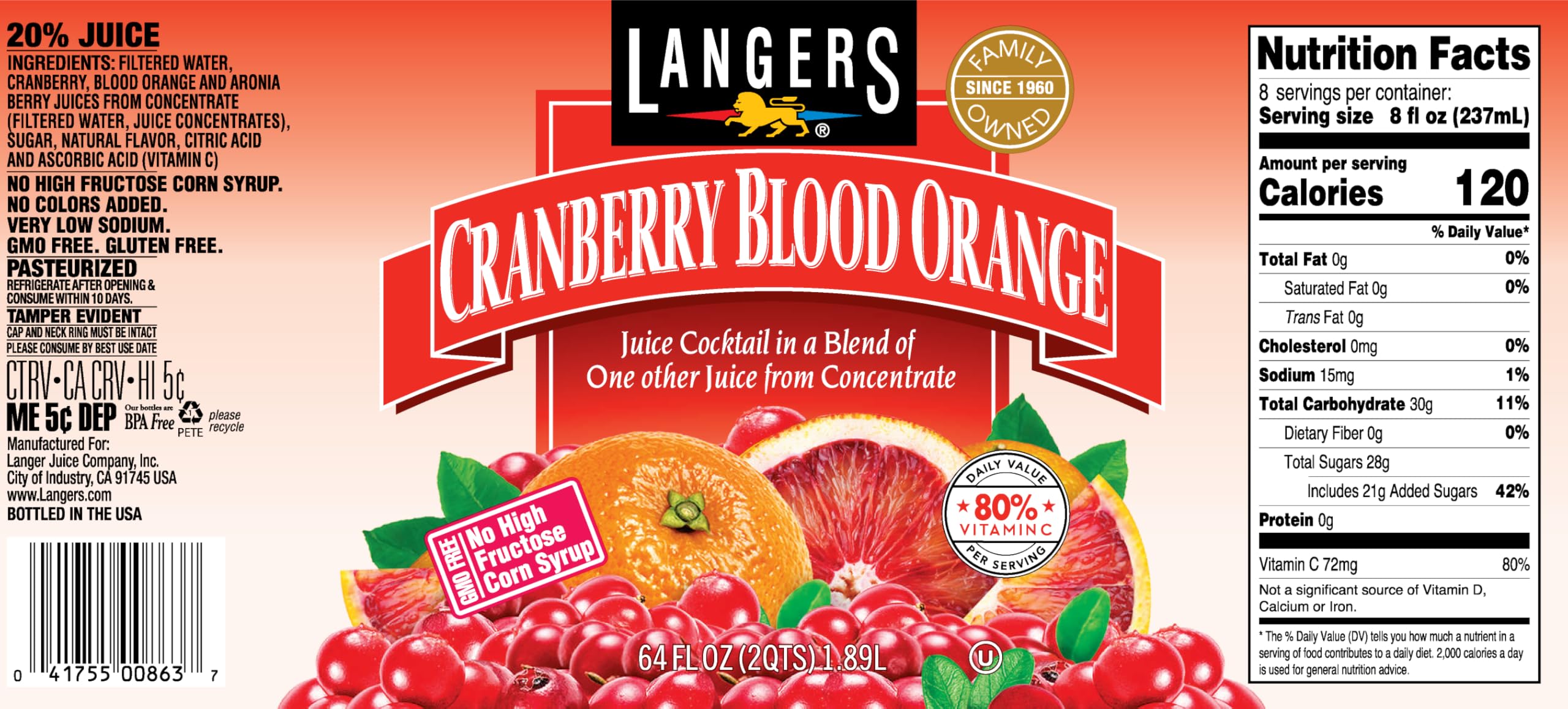 Langers Cranberry Variety Pack, Cranberry Cocktail, Raspberry, Passionfruit, Blood Orange, 64 fl oz (Pack of 4)