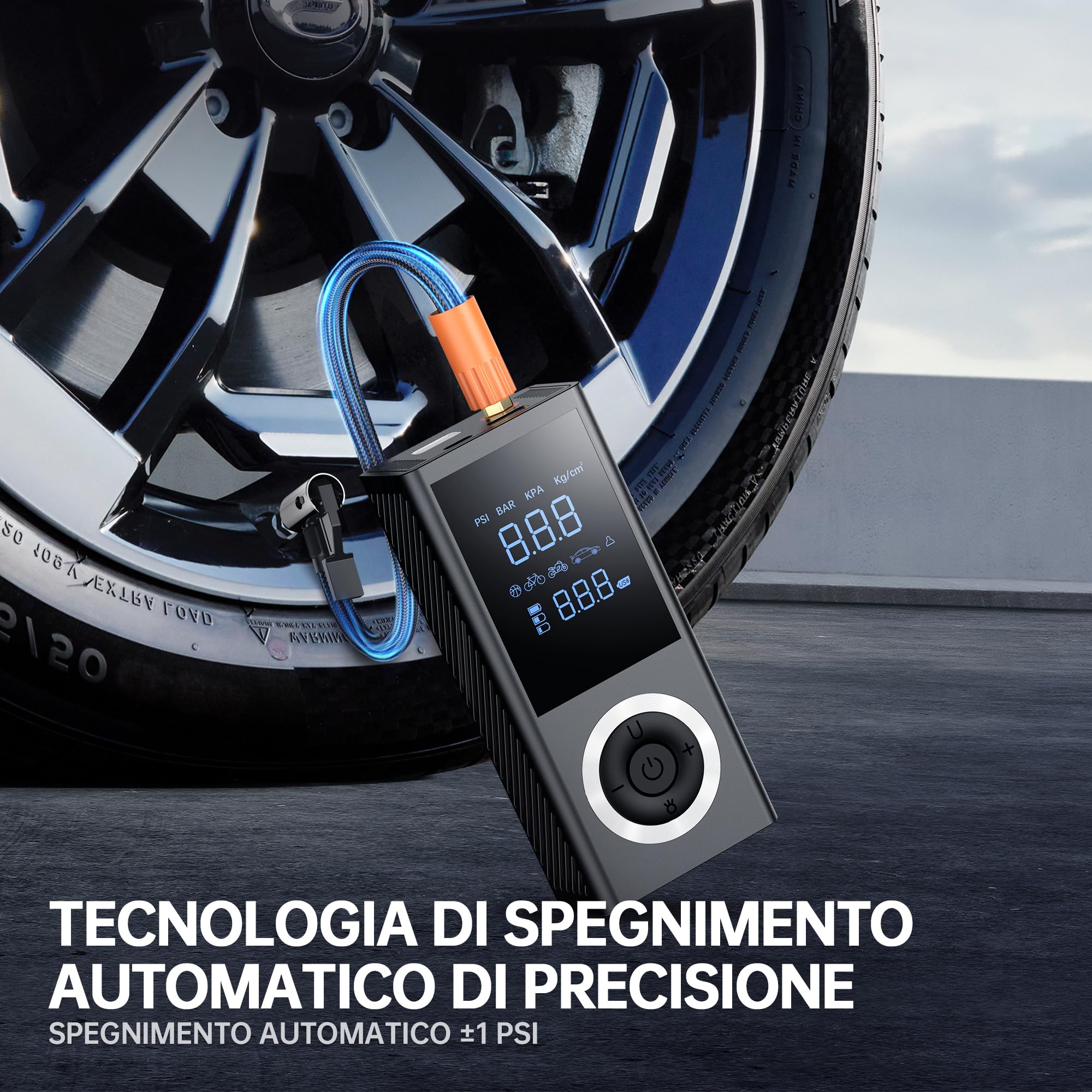 Gonfiatore di Pneumatici Elettrico 150 PSI – Compressore d’Aria Portatile Senza Fili con Schermo Digitale, Luce LED, Spegnimento Automatico e Batteria Ricaricabile–per Auto, Moto, Bicicletta e Palloni