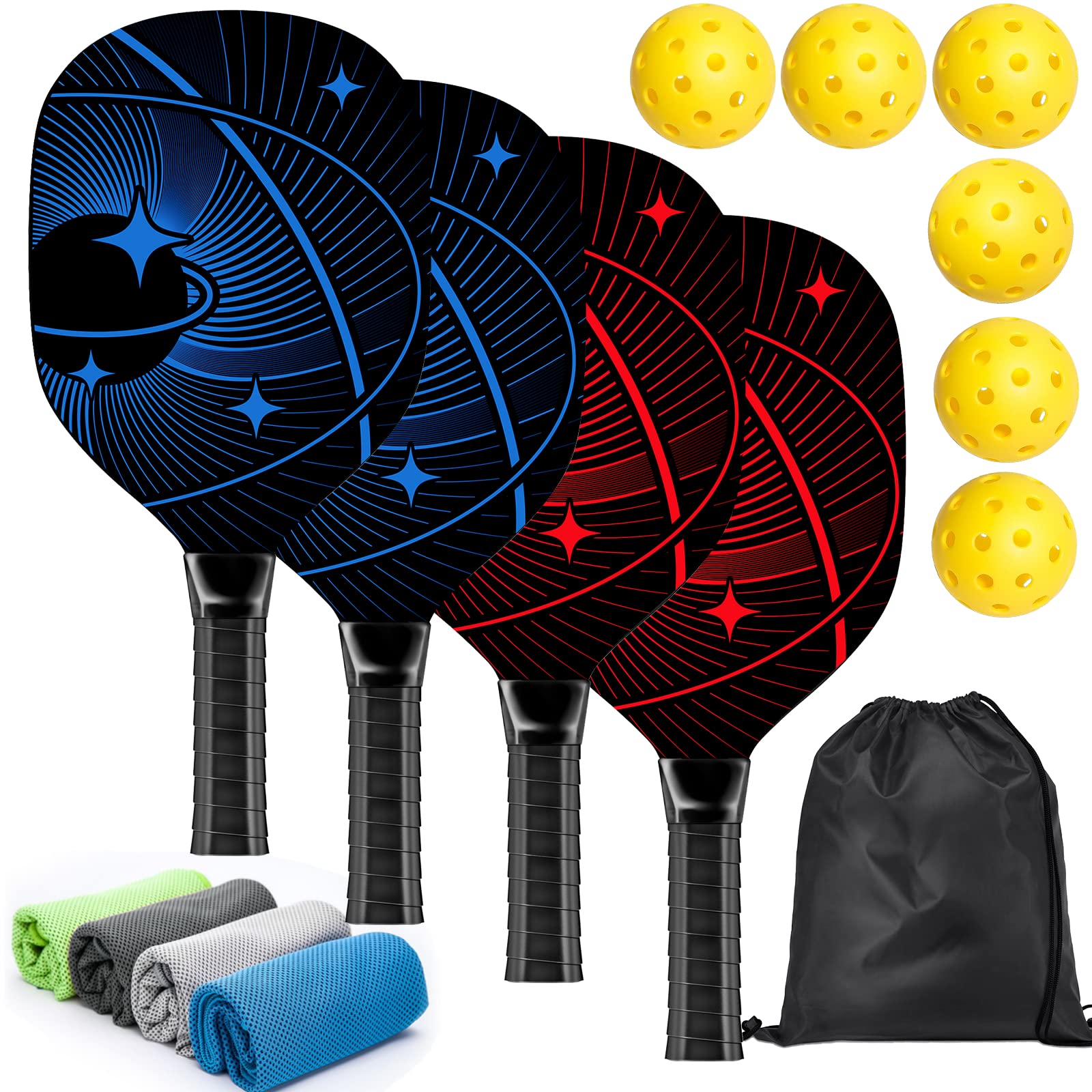 Pickleball Paddles, Pickleball Set with 4 Premium Wood Pickleball Paddles, 4 Pickleball Balls, 4 Cooling Towels & Carry Bag, Pickleball Rackets with Ergonomic Cushion Grip, Gifts for Men Women