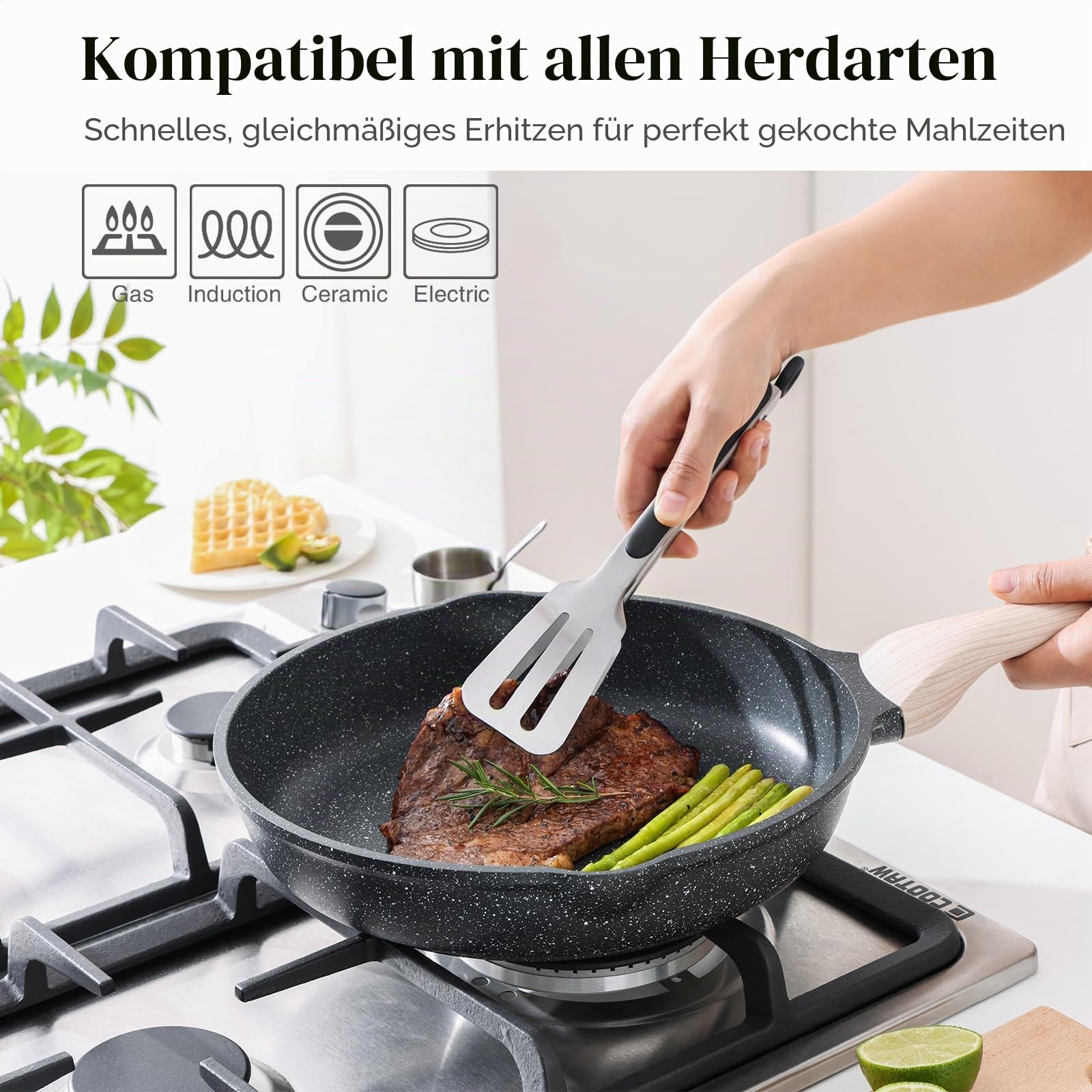 Kordisen 3-teiliges Bratpfannen-Set mit Deckel 20/24/28 cm, Granit Beschichtung Induktion Pfanne, Gesunde Stein Antihaft Kochgeschirr, PFOA Frei
