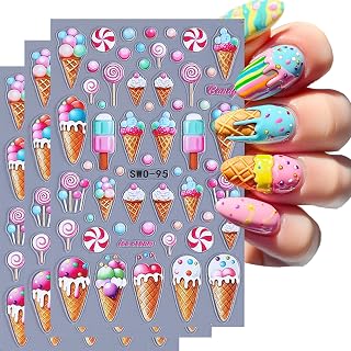 3 Sheets Lollipop Ice Cream Nail Art Stickers Spring Summer Nail Stickers 3D Self-Adhesive Nail Decals for Nail Art Cute Nail Supplies for Women Girls Manicure Decorations