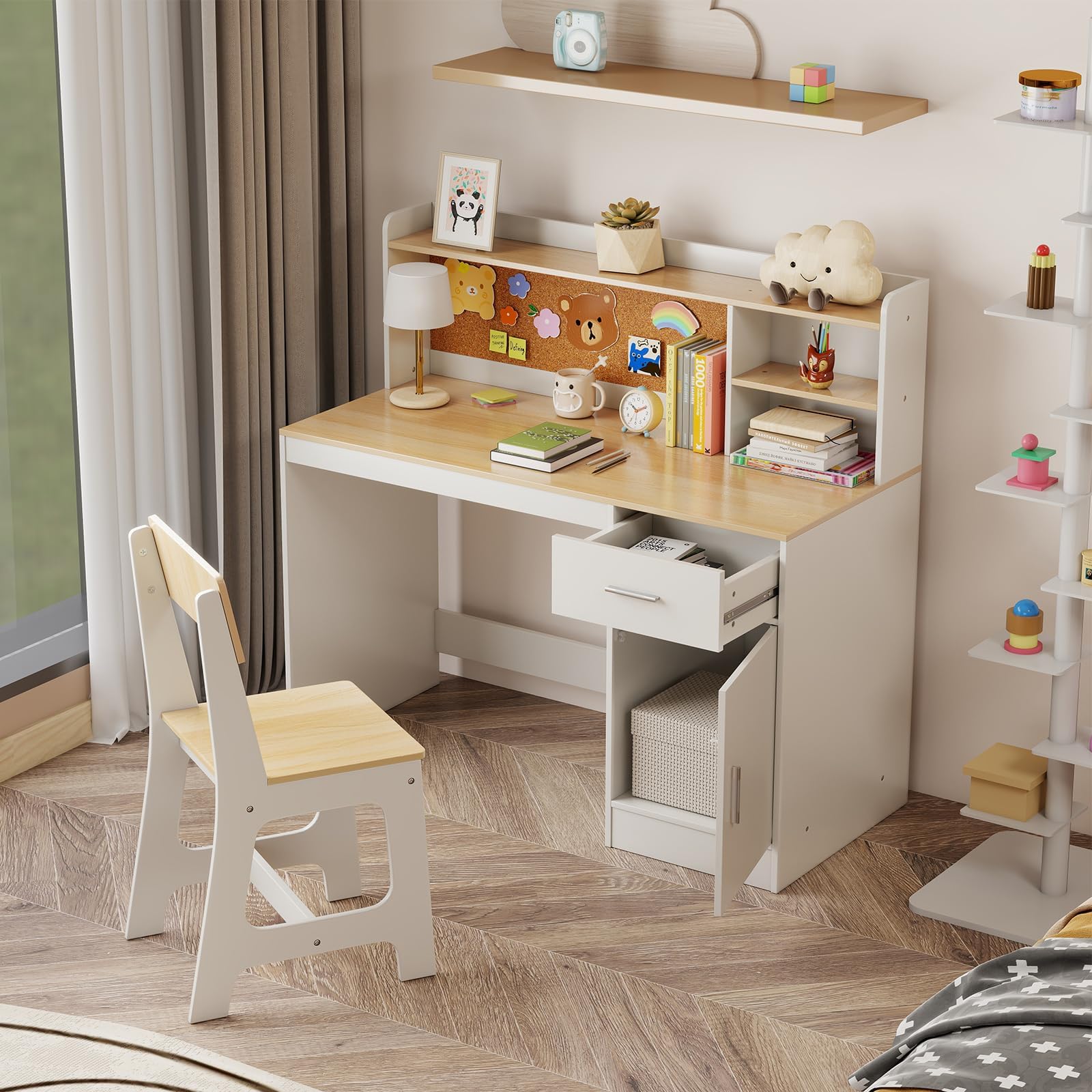 LIFEZEAL Ensemble de Table et Chaise pour Enfants, mobilier Multifonctionnel pour Enfants, Bureau avec étagère, tiroir, Armoire, Tableau en liège, Tabouret Ergonomique avec Dossier incliné (Naturel)