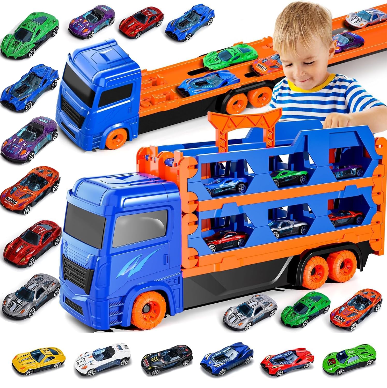Oqunene 12 Race Cars Track and Die-Cast Transport Truck Toys for 2 3 4 5 6 Years Old Boys Kids - Toddler Car Toy Set Gifts for Boys and Girls
