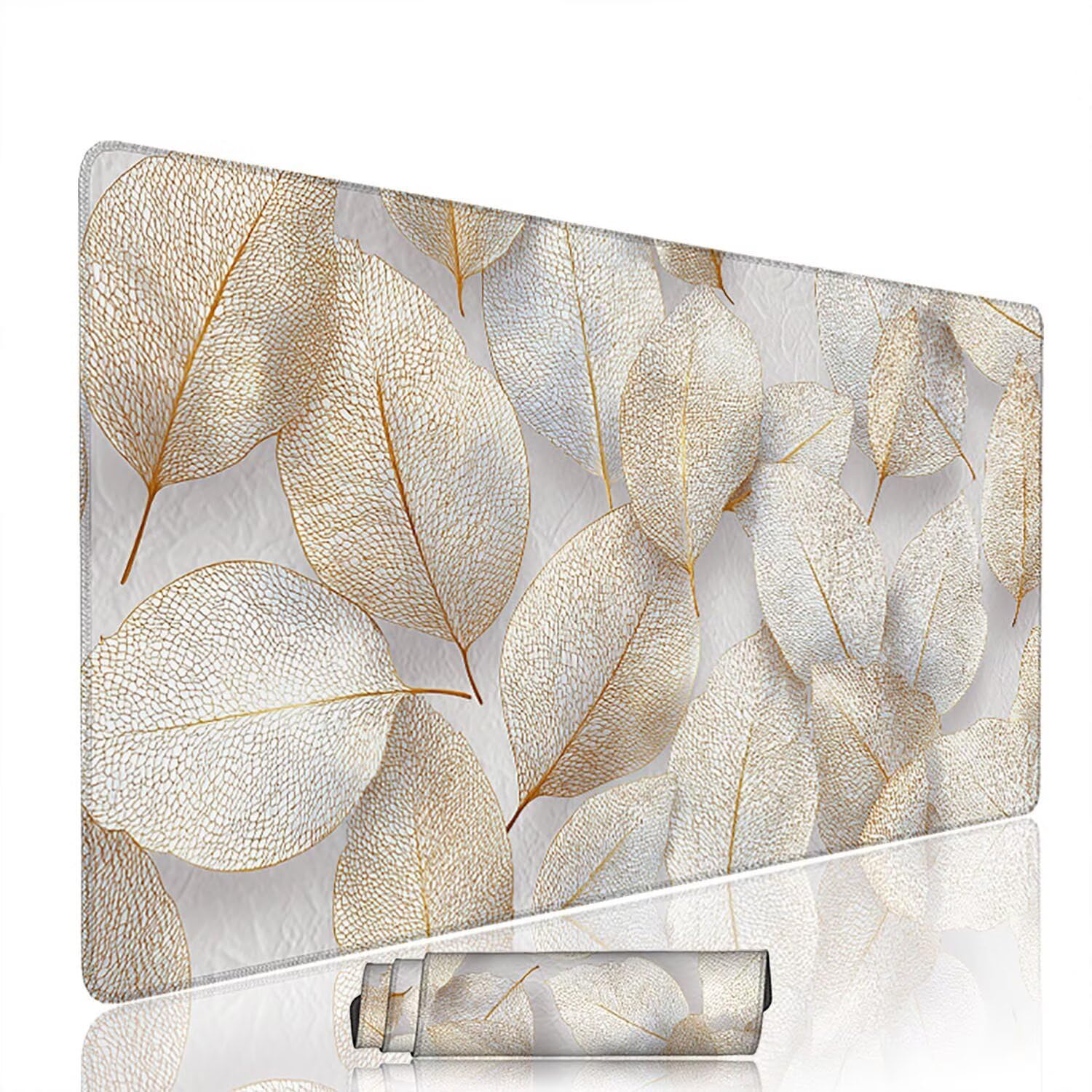 Kremowa podkładka pod mysz XXL 1400 x 600 x 3 mm podkładka pod mysz biurko duża podkładka pod mysz dla graczy liście akcesoria biurko praca laptop klawiatura mysz szyte krawędzie antypoślizgowe w-1728