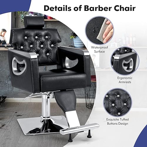 Miniatura 9 de Safstar Silla de peluquería reclinable, silla de equipo de salón y spa, silla giratoria moderna con respaldo inclinable y reposacabezas ajustable de