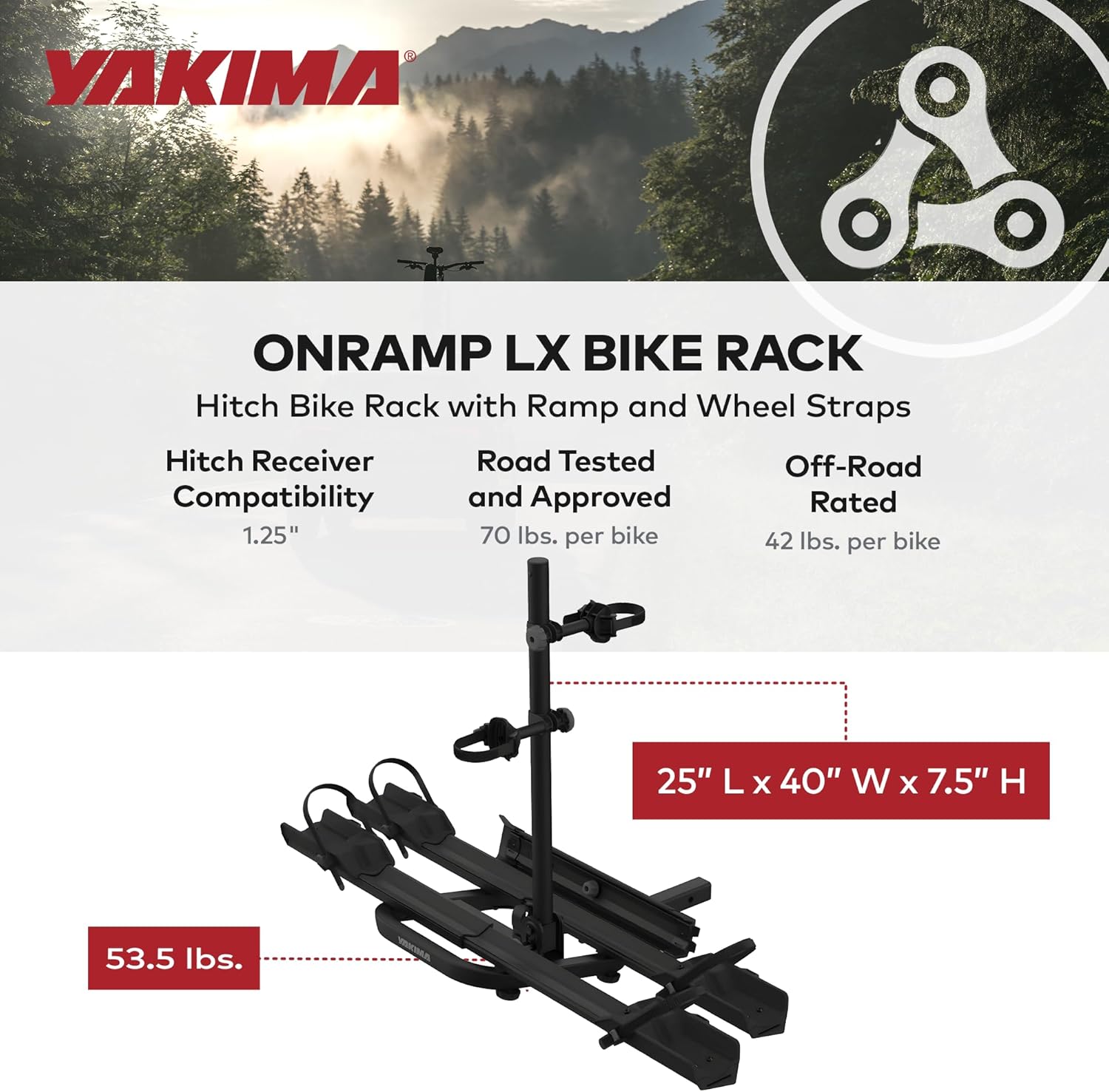 Yakima Bike Rack with Ramp, 2 Bicycle Hitch Mount Carrier for Ebike, Mountain, Road, Hybrid, BMX, & Kid Bikes, Fits 1.25 Inch Receiver, OnRamp LX
