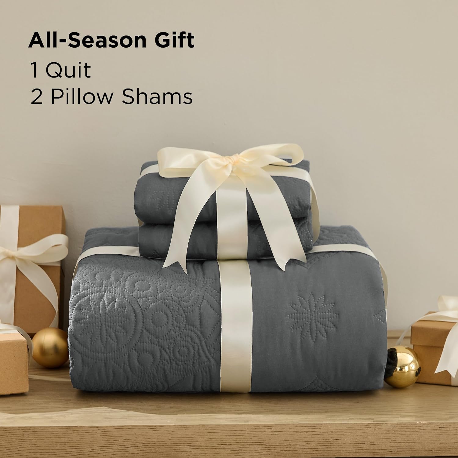 Bedsure Quilts Queen Size - Stitch-Free Ultrasonic Quilting, Lightweight Dark Grey Comforter, All-Season Bedspread & Coverlet, Modern Floral Pattern, Soft 3 Piece Machine Washable Bedding, 90" x 96"