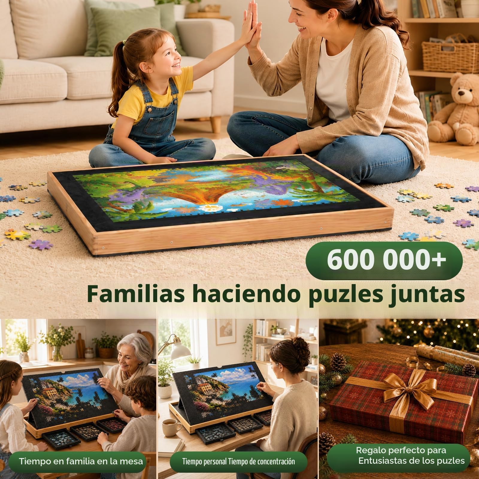 Mesa Inclinable para Puzzles de Fieltro 1000 Piezas con Cajones y Cubierta - Tablero Ligero de Fieltro con Soporte 2 en 1 y Asa de Transporte - Ideal para Adultos y Amantes de los Puzzles