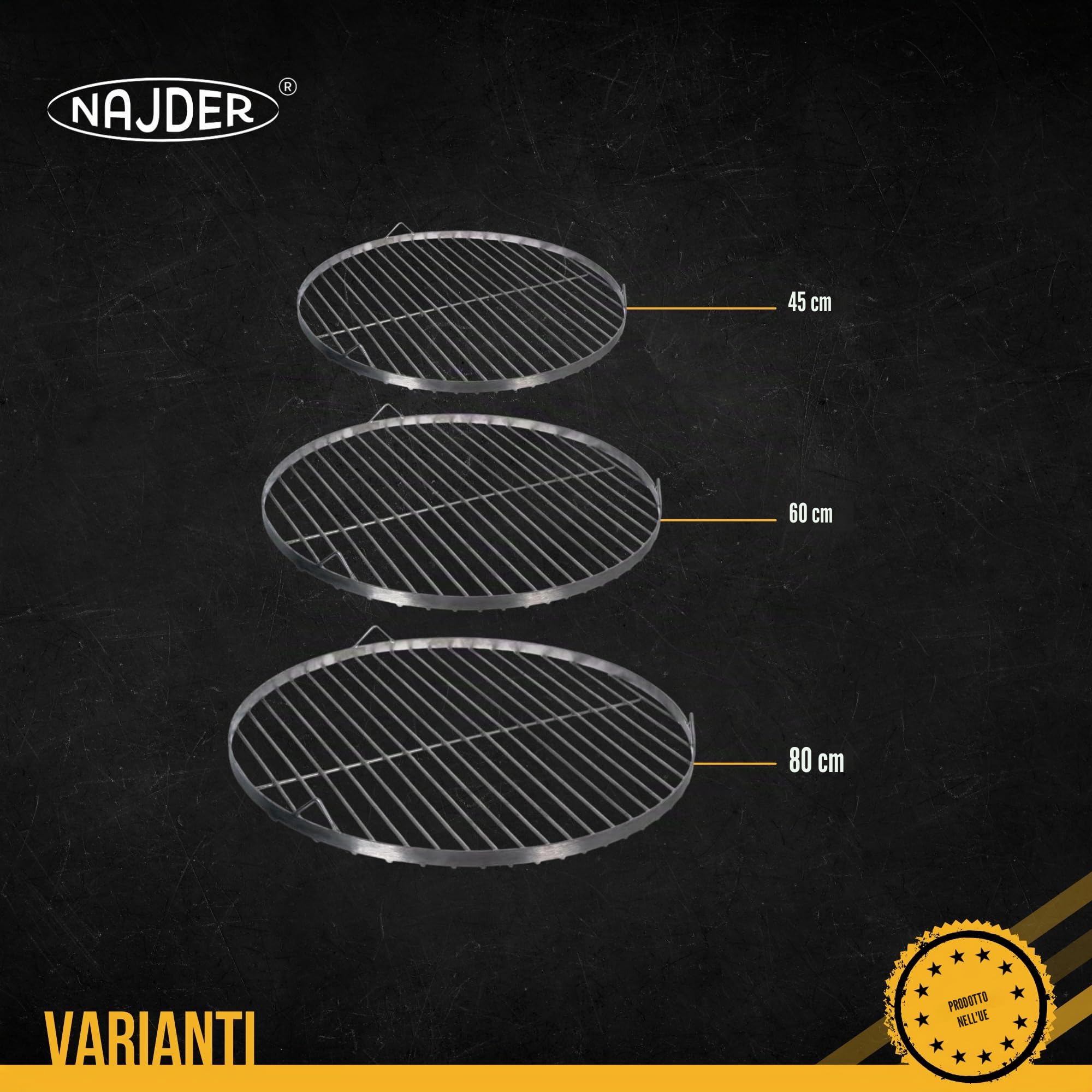 NAJDER Griglia di Cottura Rotonda in Acciaio Inox Ø600 mm per Barbecue Girevole con Sospensione a Cavo, griglia di Cottura Rotonda con 3 Fori per Appendere, griglia per Barbecue - Solo