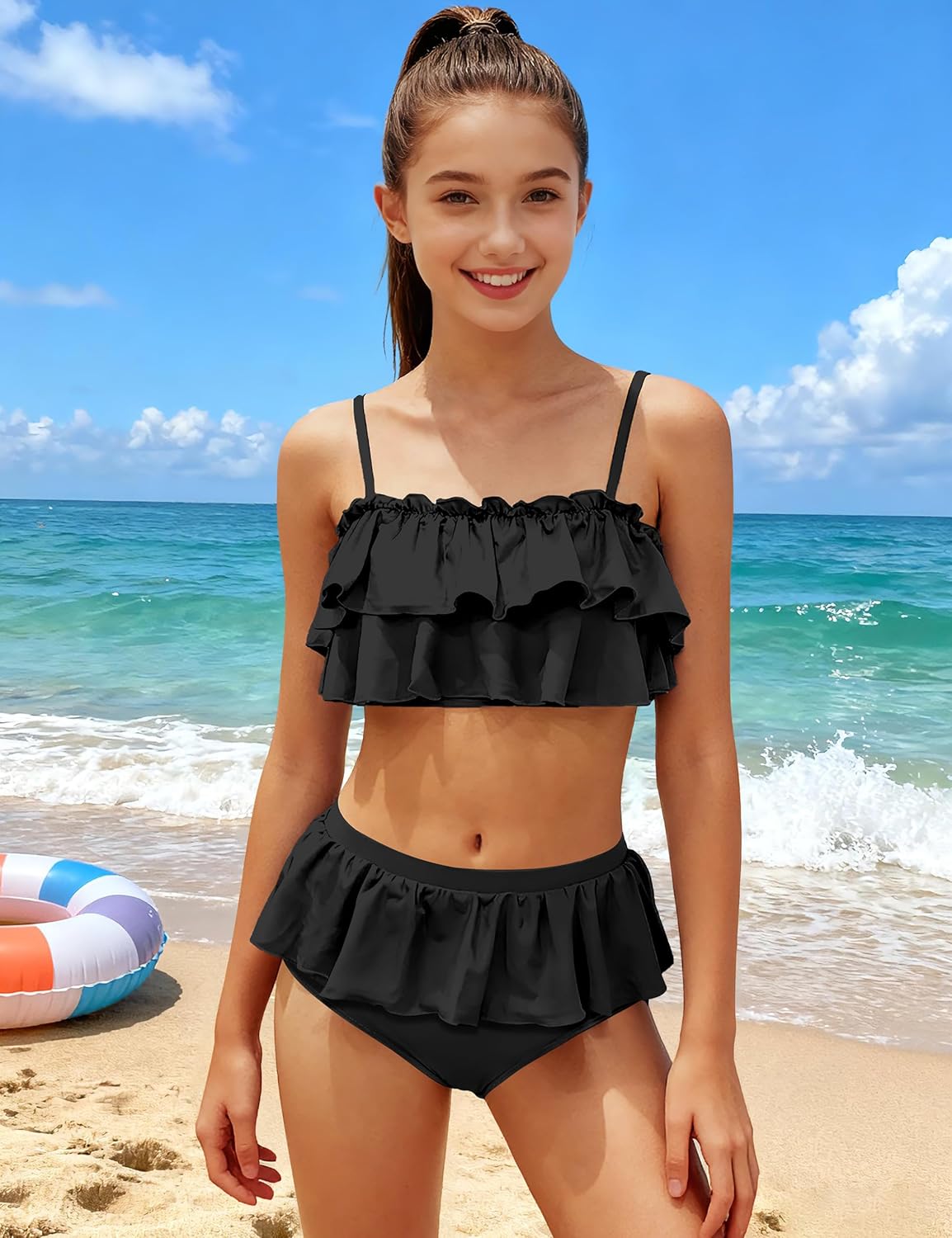 NAPU Girls Swimsuit Ruffled 2 Piece Bikini Set Girls Bathing Suit Tiered Swimsuits Adjustable Straps Beach Swimwear 9-16Y - Image 4