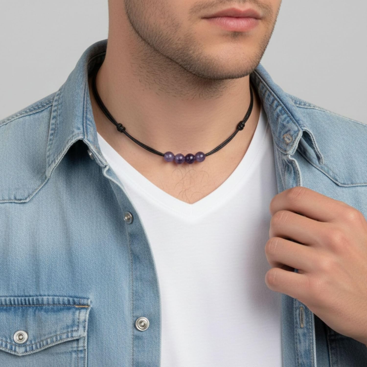 Luck Strings Amethyst Triple Bead Choker Necklace, Adjustable Wax Nylon Cord, Waterproof Boho Minimalist Choker, Unisex February Birthstone Gift - Image 3