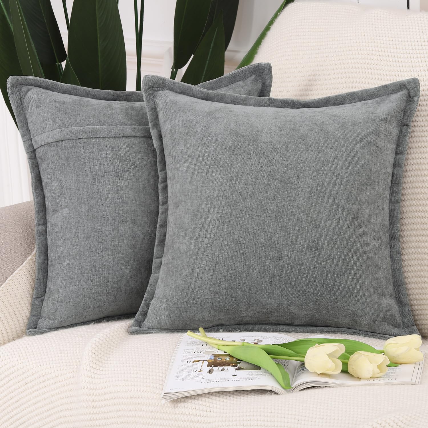 Madizz Fringe Chenille Cushion Covers Set of 2 Super Soft Boho Throw Pillow Covers Decorative Plain Throw Pillowcases Modern Home Decor for Sofa Bedroom Dark Grey 16x16 inch