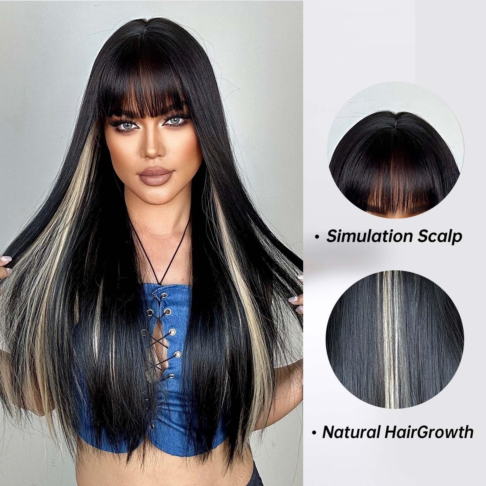 Toppery do włosów Długie proste czarne blond peruki syntetyczne Hightlight z Bang dla kobiet Afro Dark Cosplay włosy naturalna peruka codzienna żaroodporna