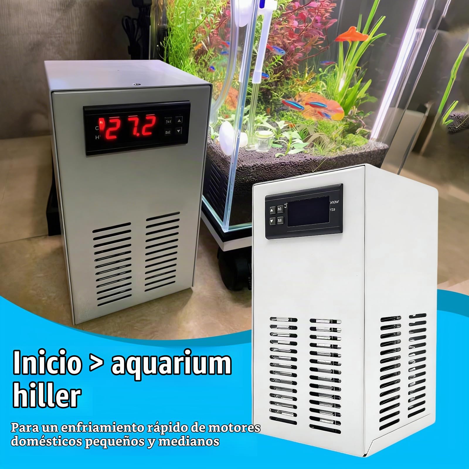 Enfriador Acuario, Refrigerador Acuario de 35L Water Chiller Bajo Nivel de Ruido 10-40°C Enfriador en Línea con Bomba de Agua y Tuberías 120W 220V para Acuarios Inteligentes