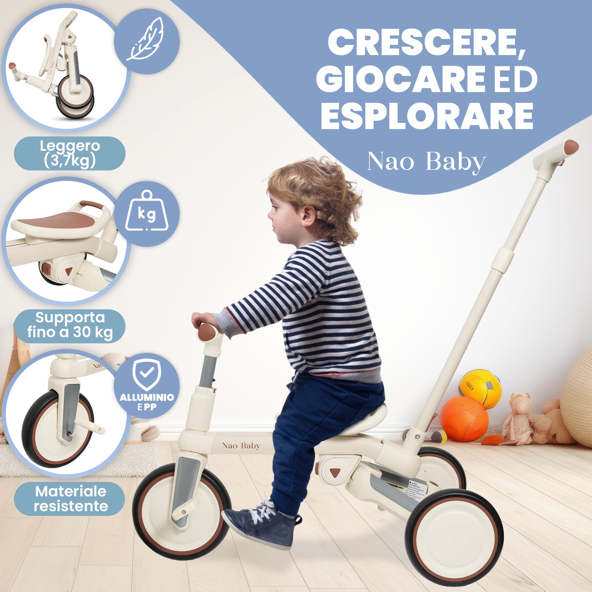 Triciclo Evolutivo Pieghevole e Regolabile per Bambini (1-5 Anni) con Maniglione Genitore – Triciclo Passeggino, Balance Bike e Bicicletta Bambini, Sicuro e Compatto (Senza capote)
