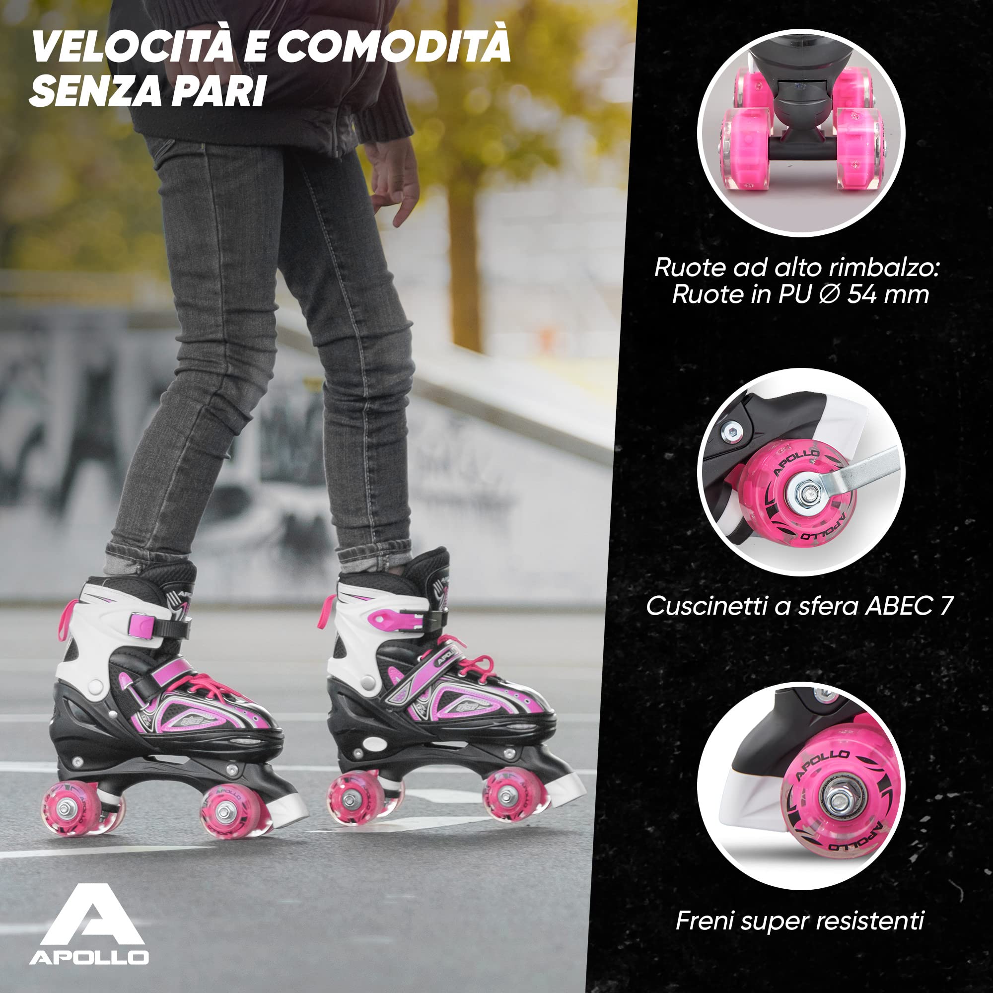 Apollo Super Quad X PRO, Pattini a rotelle LED per Bambini e Ragazzi, Ideali per Principianti, Comodi Pattini a rotelle per Bambine e Bambini