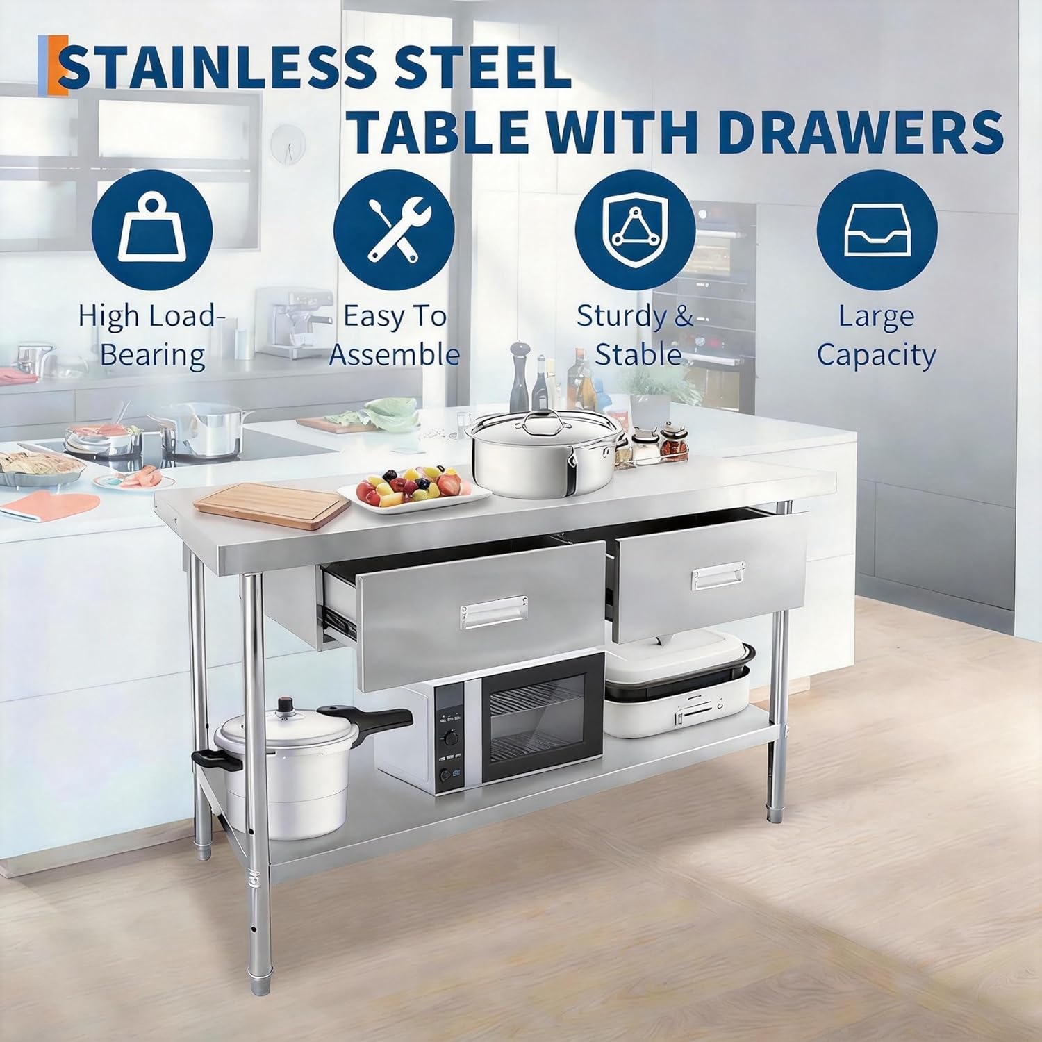 Stainless Steel Table with Drawers, 48"x24" Prep Table for Commercial Kitchen, Heavy-Duty Work Tables Workbench with Adjustable Undershelf for Home Kitchen Restaurant Garage