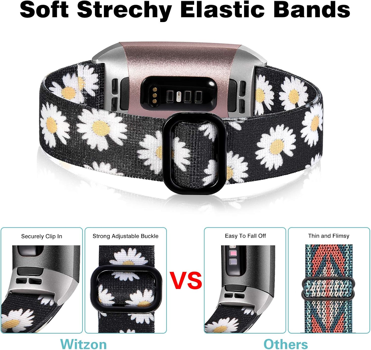 Witzon Adjustable Elastic Bands Compatible with Fitbit Charge 4 / Charge 3 / 3SE Bands, Breathable Loop Fabric Pattern Replacement Strap Stretchy Charge 3 Wristbands for Women Men, Black Daisy