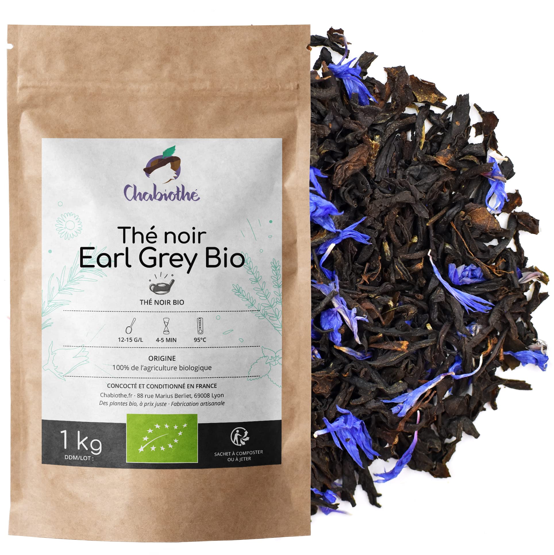 Chabiothé - Thé noir Earl Grey BIO 1 kg - Thé noir assam aromatisé à l'huile essentielle de Bergamote vendu au kilo