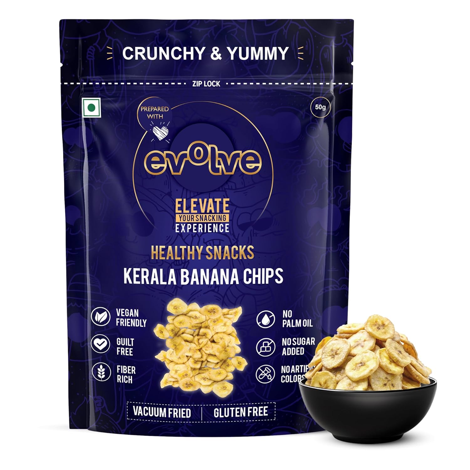 Evolve Kerala Banana Chips Healthy Snacks for Kids, Adults | Gluten-Free, Vegan, No Sugar or Colors, Vacuum Fried, Freshly Made| Ideal for Weight Loss -50g