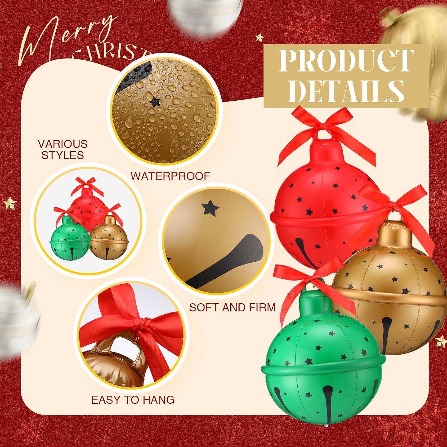 Jetec 6 Pcs 24'' Giant Christmas Inflatable Jingle Bells Large Jingle Bell Ball Fun Christmas Decor Xmas Balloon Outdoor Ornament for Garden Yard Patio Holiday Decor