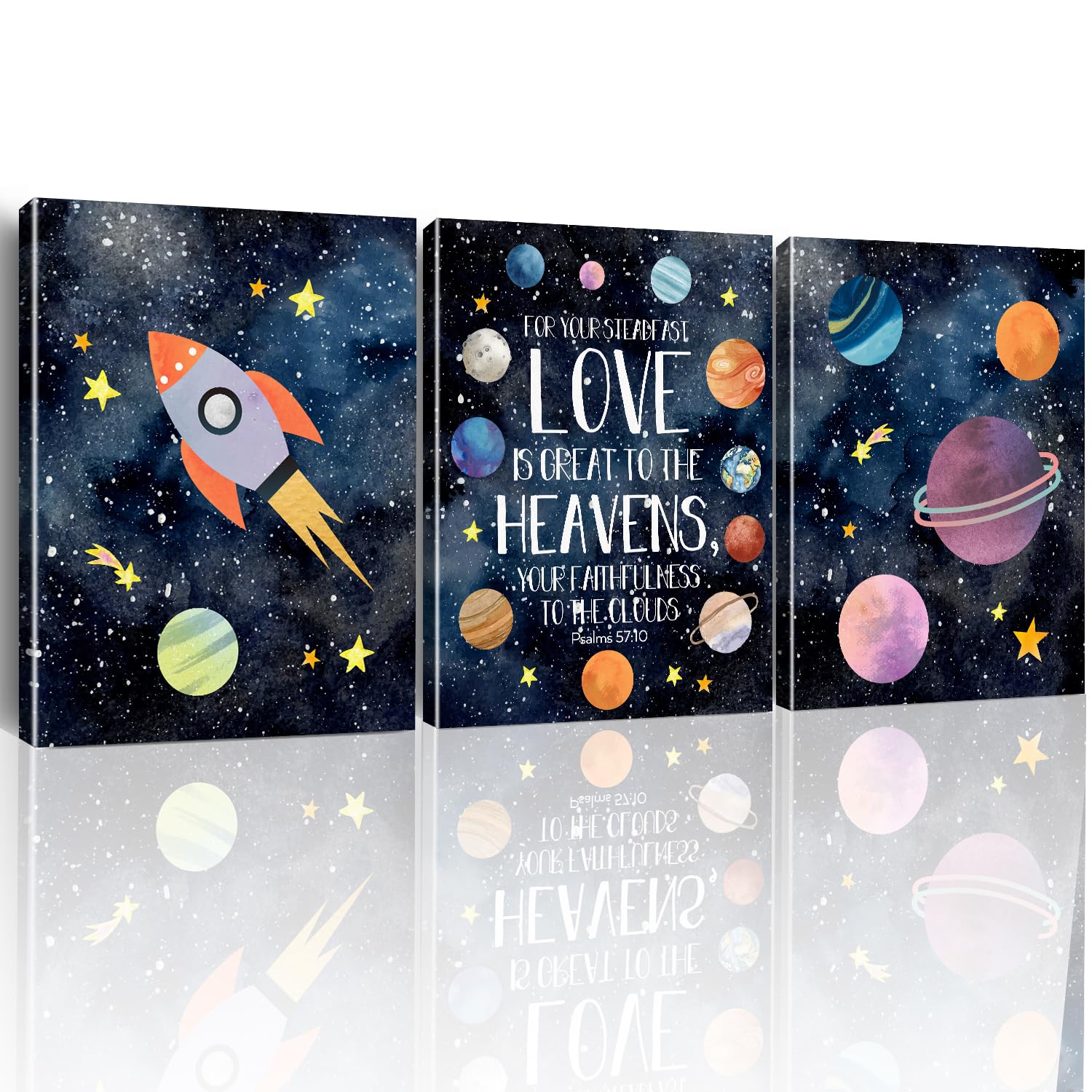 Space Decor for Boys Room Outer Space Room Decor for Boys, Space Wall Art Decor for Boys Bedroom Nursery Toddler Boys Room, Inspirational Space Bible Verse Psalm 57:10 Posters Set of 3 (12x15 Inch)