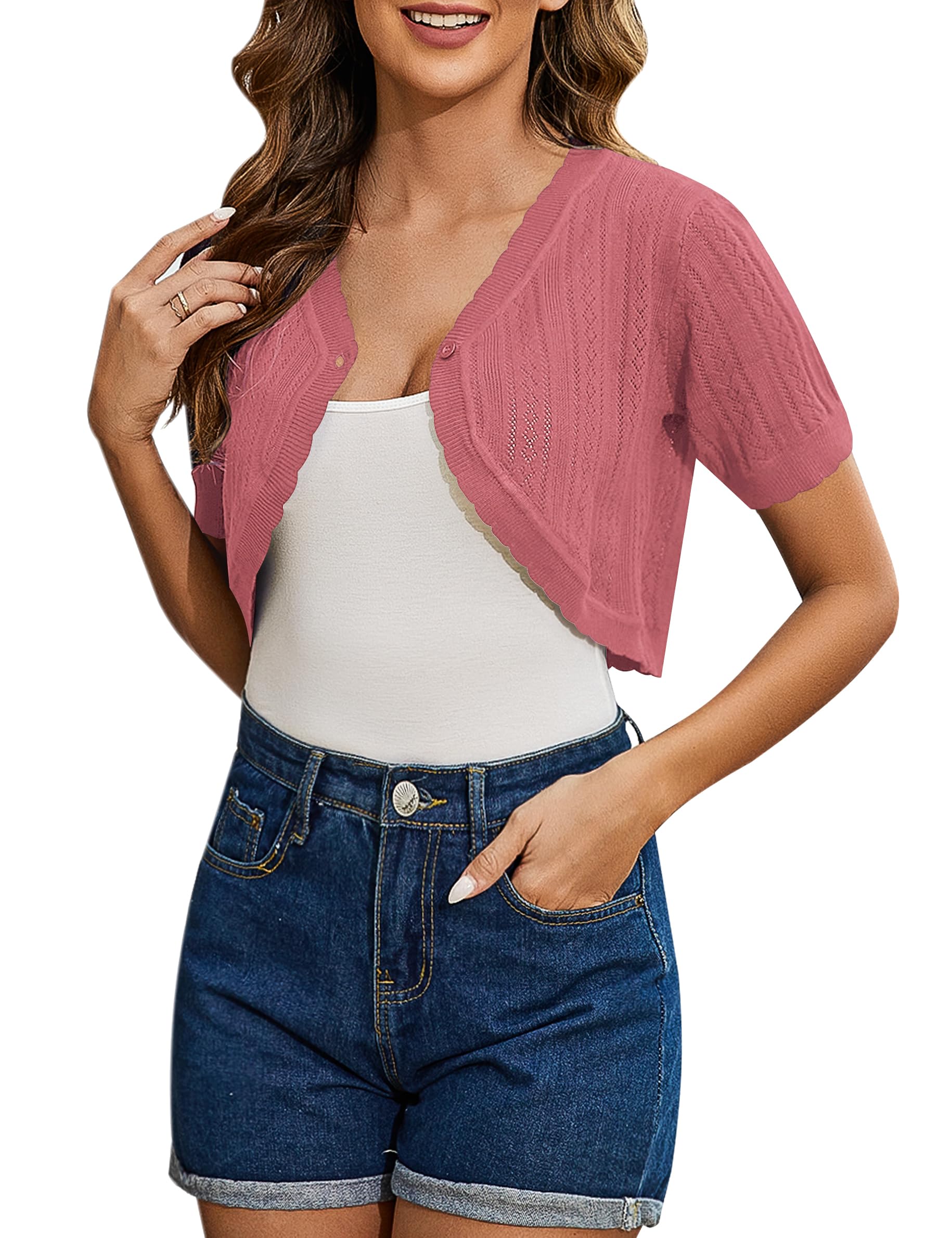 Totatuit Women's Short Sleeve Cropped Cardigan Open Front Bolero Shrugs for Dresses Crochet Button Down Sweaters