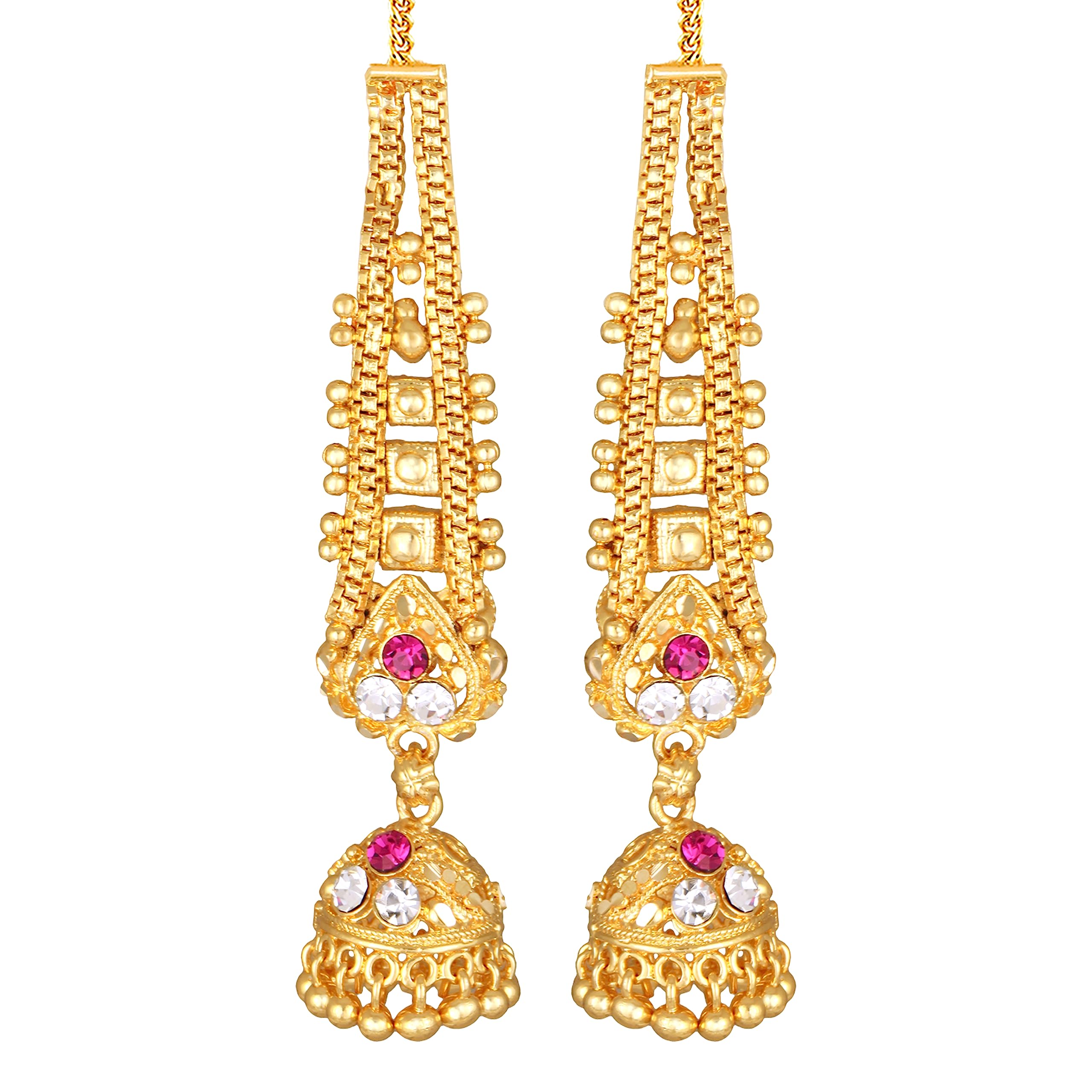 south indian jhumka Long Ear Chain Jhumki Earrings for Women Girls Traditional Temple 1 One Gram Gold fashion Screw kanoti champaswaralu Meenakari Hair Peacock Jhumkas Combo stylish golden 480-image-13